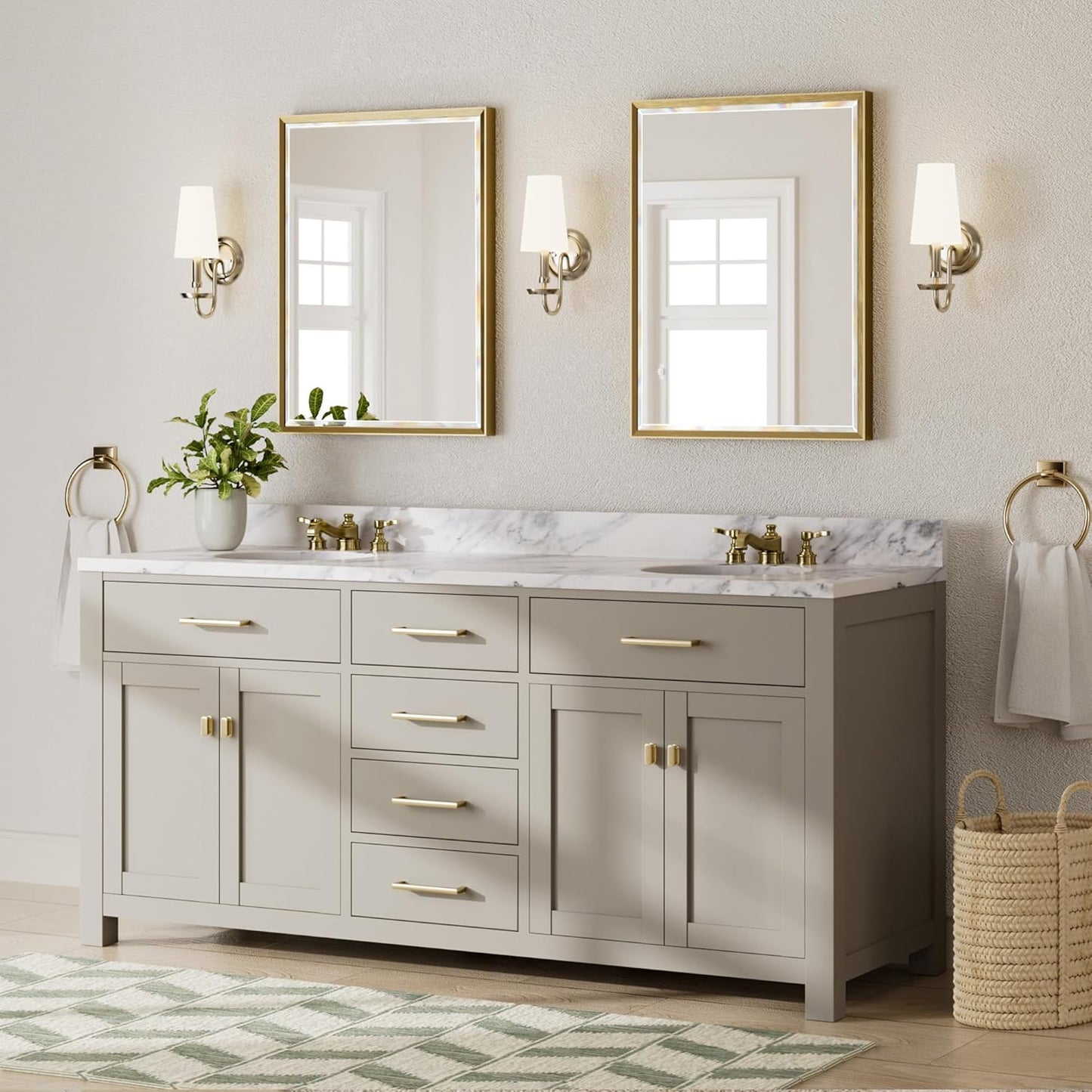 Gold Bathroom Mirror, 24x32 Brushed Gold Bathroom Mirror Beveled Edge, Gold Framed Rectangle Bathroom Vanity Mirror, Anti-Rust Brushed Brass Metal Frame Wall Mirror Vertical/Horizontal