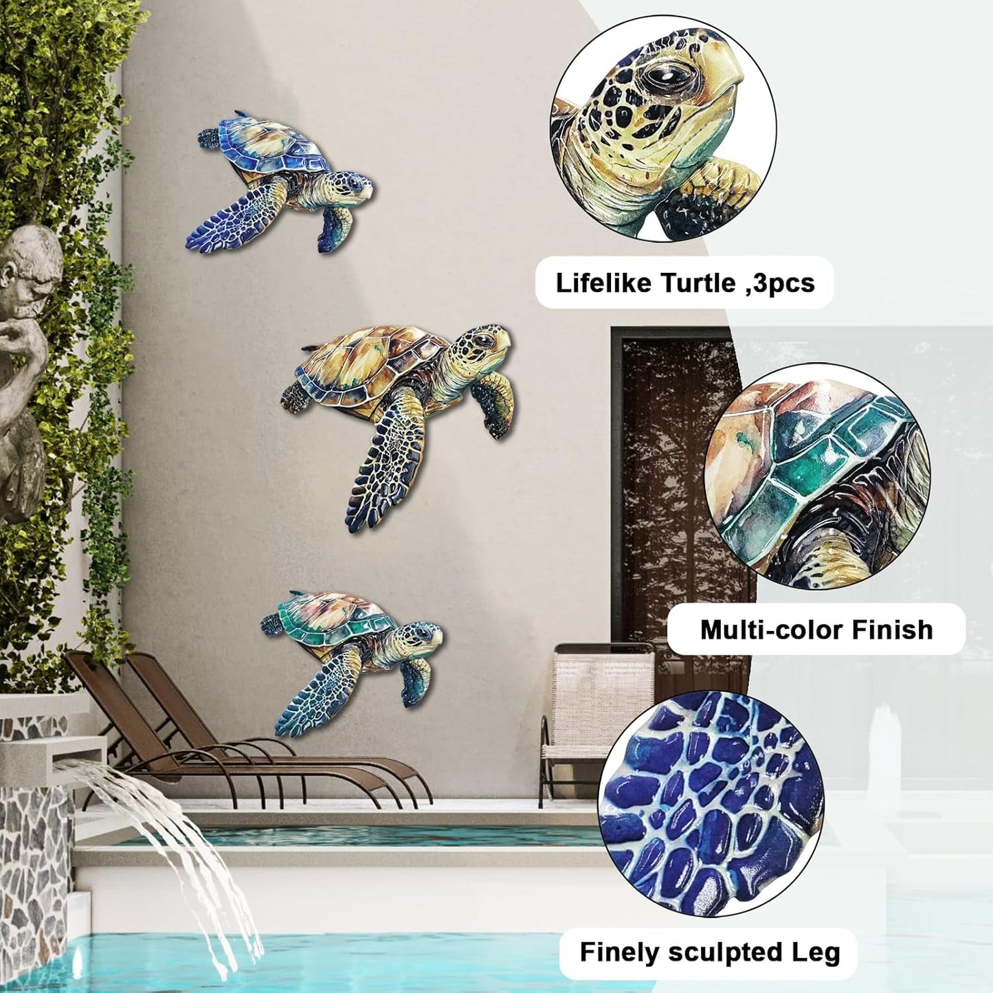 Metal Turtle Wall Decor Outdoor Turtle Coastal Ocean Sea Wall Art Sculptures Hanging Decorations for Bedroom, Living Room, Garden, Fence, Patio Set of 3