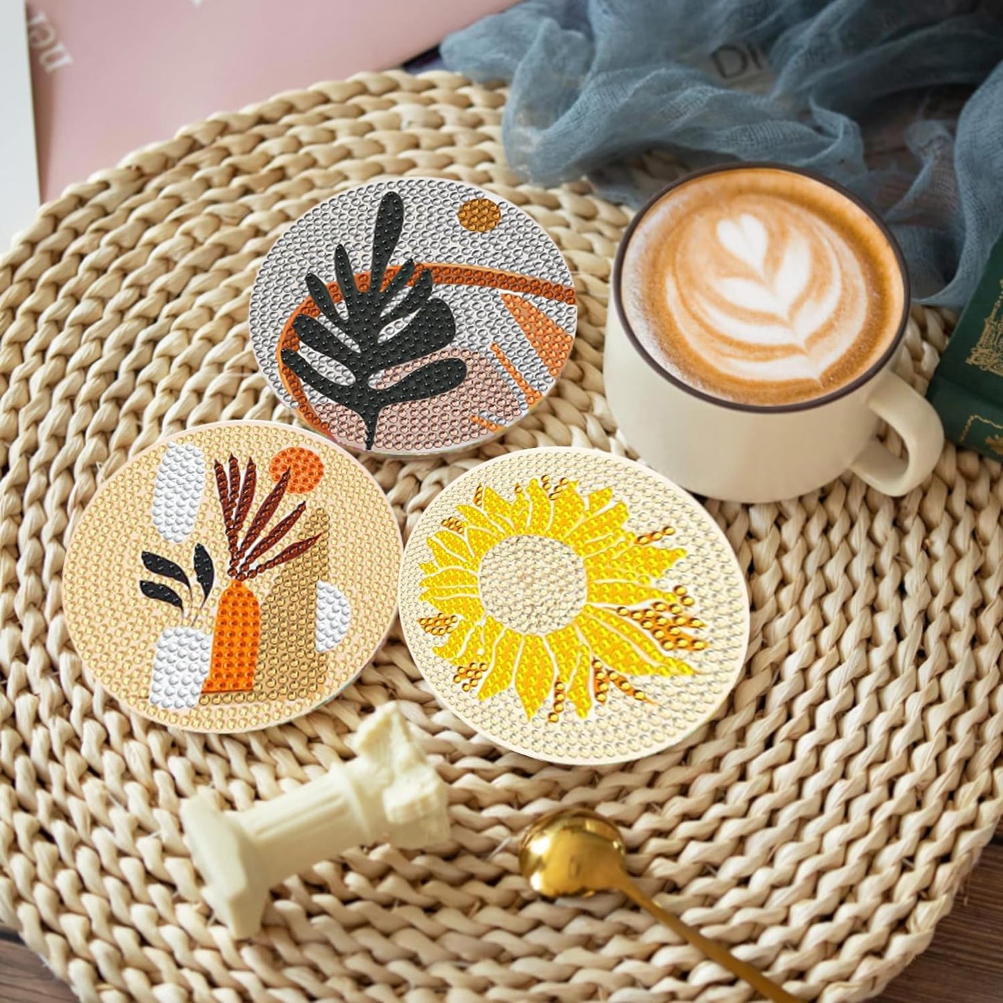 DOTSOPS 8Pack Landscape Diamond Painting Coaster with Holder 5D Diamond Art Kits for Adults Round Full Drill Beginners Gem Dots Craft Arts Supplies Party Home Decor Abstract