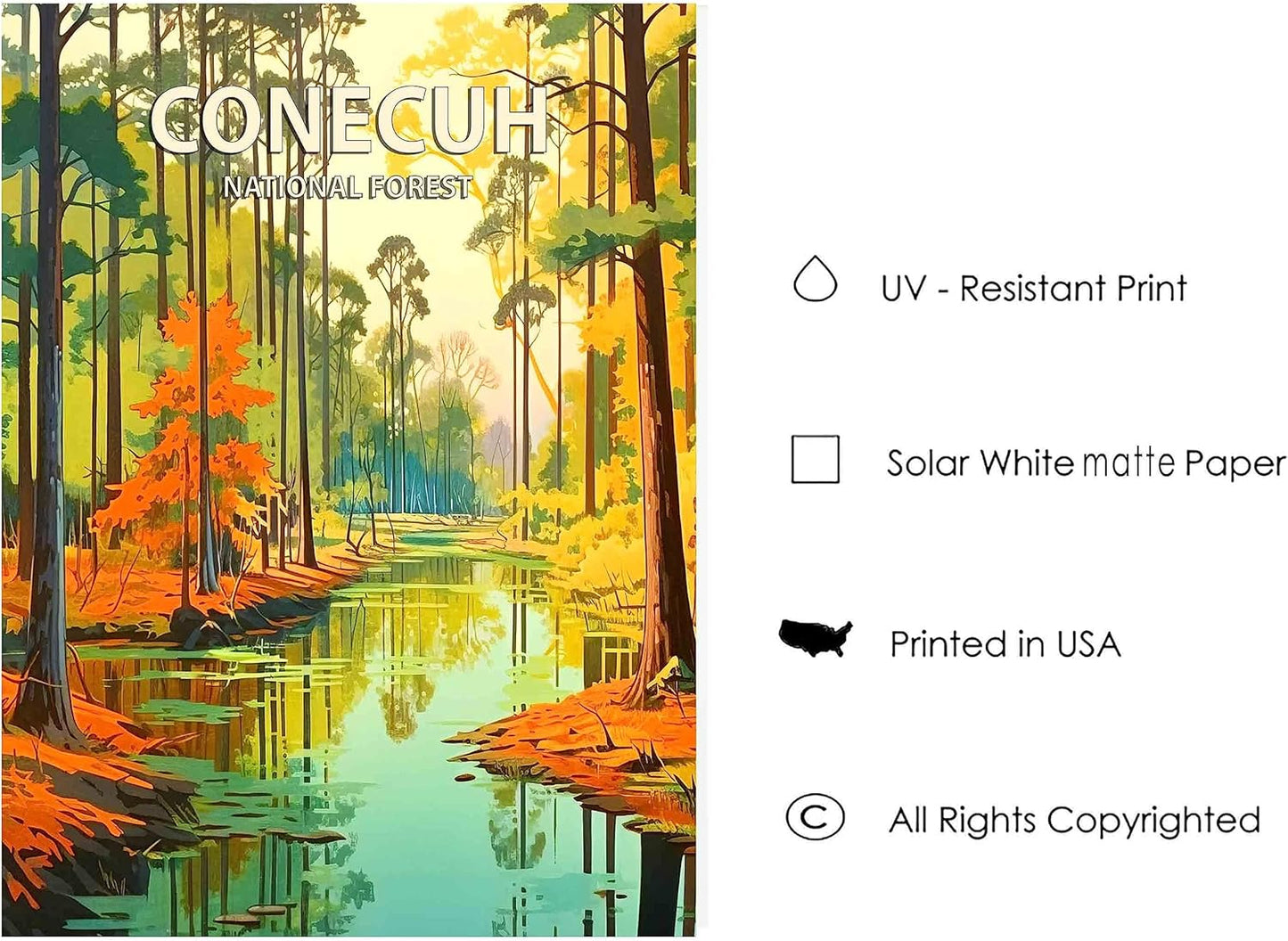 Conecuh National Forest Poster Art Print Retro Mountain Wall Art Poster Vintage Decor Nature Recreation Wilderness Wildlife Decoration, Outdoor Adventure Scenic Beauty Artwork. (Conecuh National