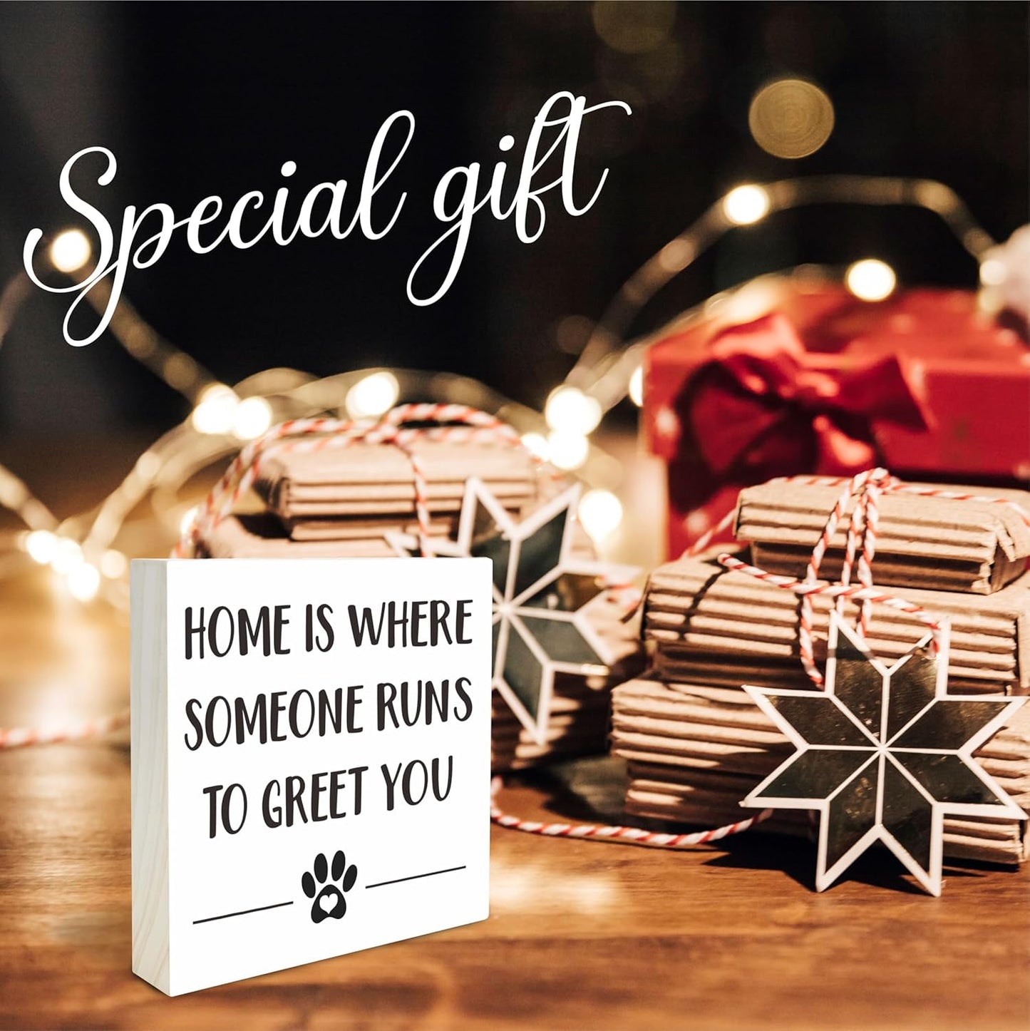 Dog Theme Wooden Block Sign - Home Is Where Someone Runs To Greet You - 4"X4" Decorative Pine Wood Plaque, Home & Office Desk Decor, Dog Lover Gift, Room Tabletop, Shelf Accessories - A07