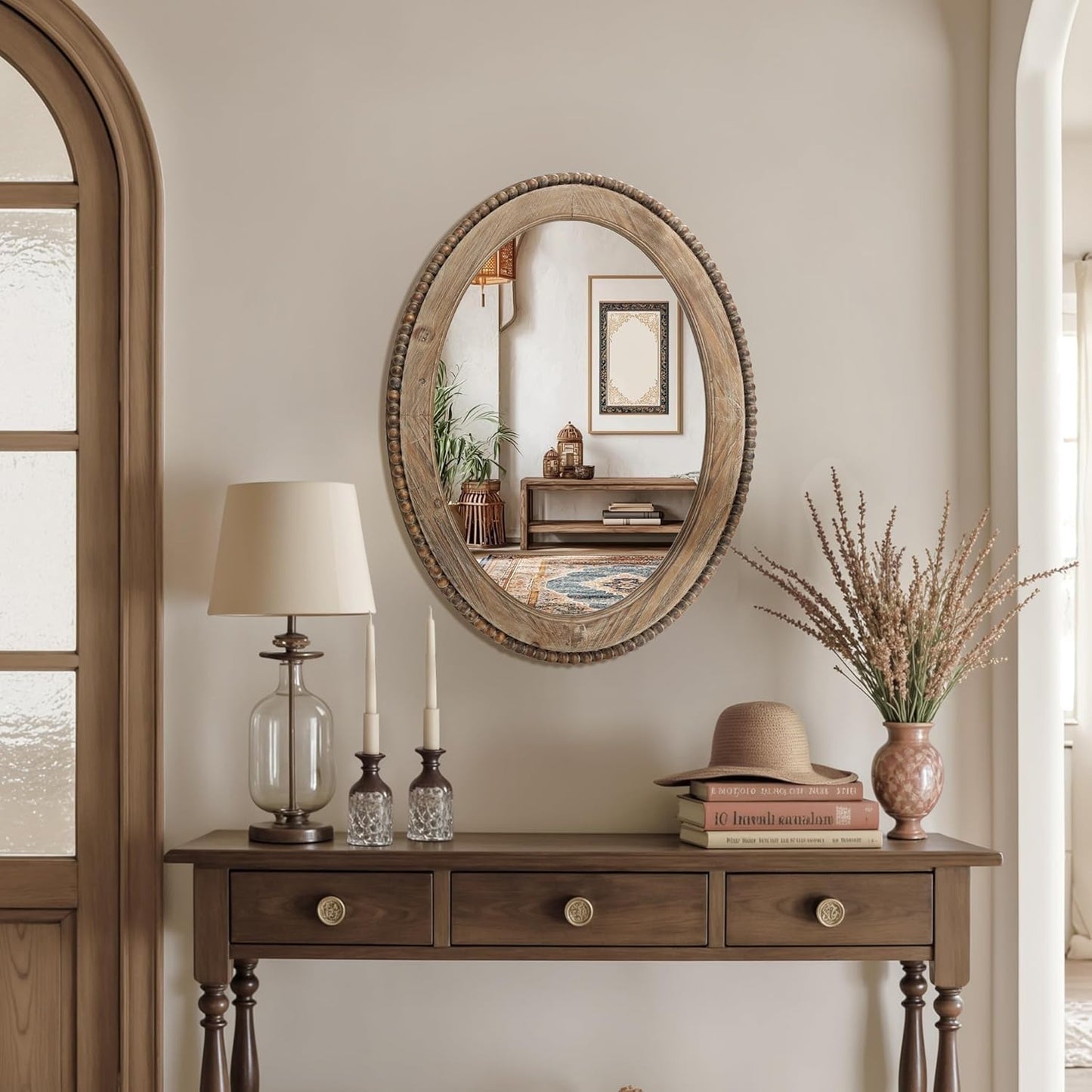 LuxenHome Traditional Oval Wall Mirror, 32-Inch Wood Framed Accent Wall Mirrors, Farmhouse Decorative Wooden Mirror Accent Entryway Wall Mirror, Wall Mounted Mirror Living Room Wall Decor