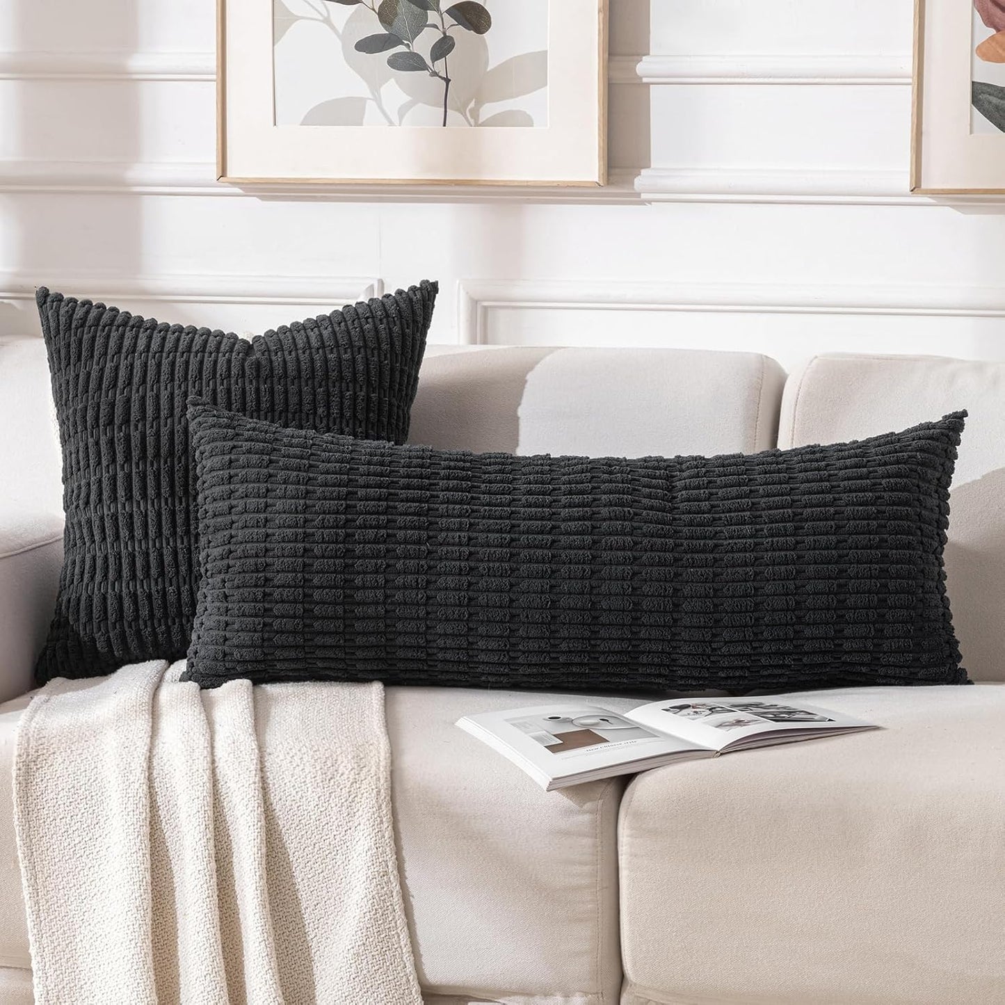 Fancy Homi Black Long Body Lumbar Decorative Throw Pillow Covers 14x36 Inch for Bed Couch Bedroom Bench, Soft Corduroy Rectangle Solid Pillow Case, Rustic Farmhouse Boho Room Decor