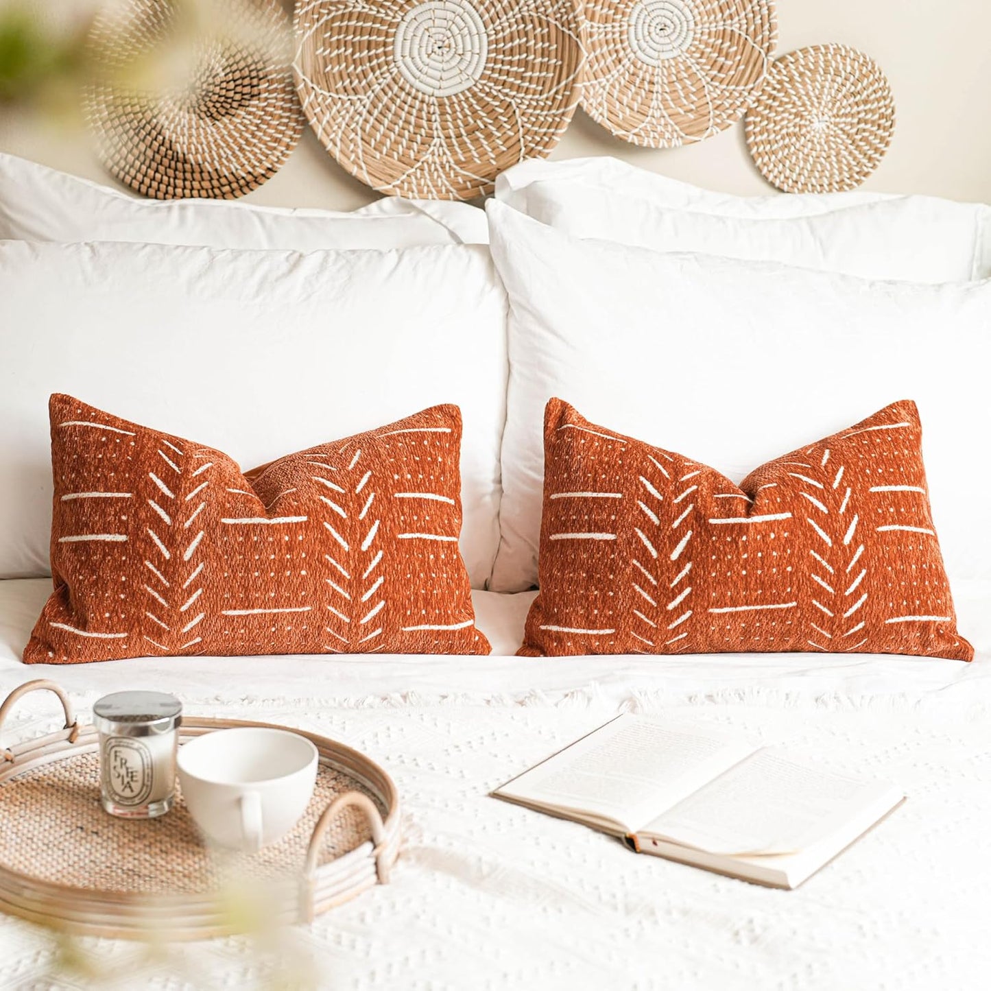 BlissBlush Fall Brick Red Decorative Lumbar Throw Pillow Covers 12X20, Set of 2, Rust Boho Farmhouse Cushion Cover, Soft Accent Pillowcase for Couch Sofa Bed Living Room Home Décor