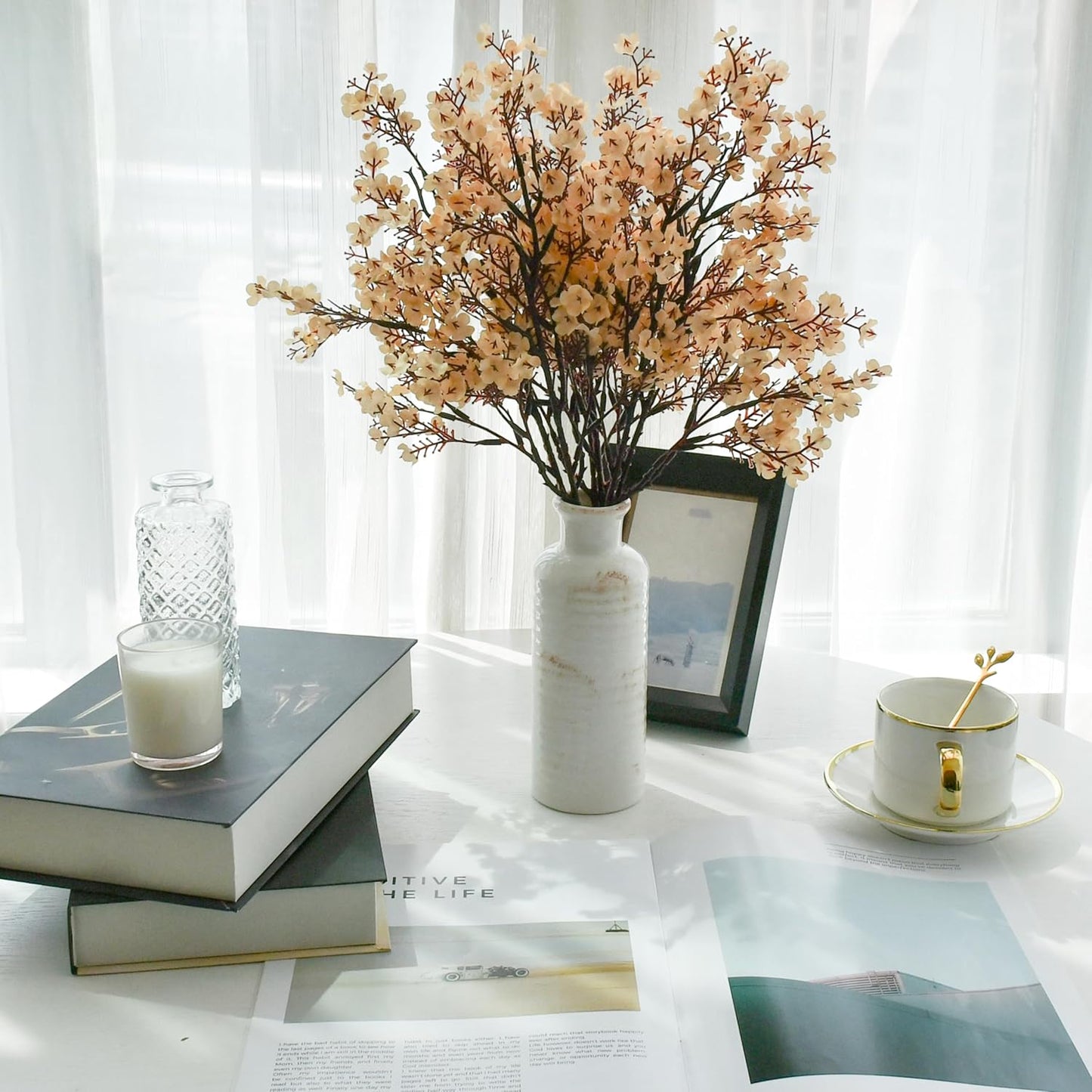 Mandy's Champagne Artificial Baby’s Breath Flowers 6 Bundles Silk Gypsophila with Bendable Stems for Fall Centerpiece Wedding Decor and Table Arrangements