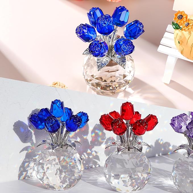 Ornalrist Crystal Rose Figurines Gifts for Wife Her, Romantic Presents for Women on Anniversary Valentine's Day Mother's Day Birthday Christmas, Glass Collectible Rose Floral Home Decor (Blue)