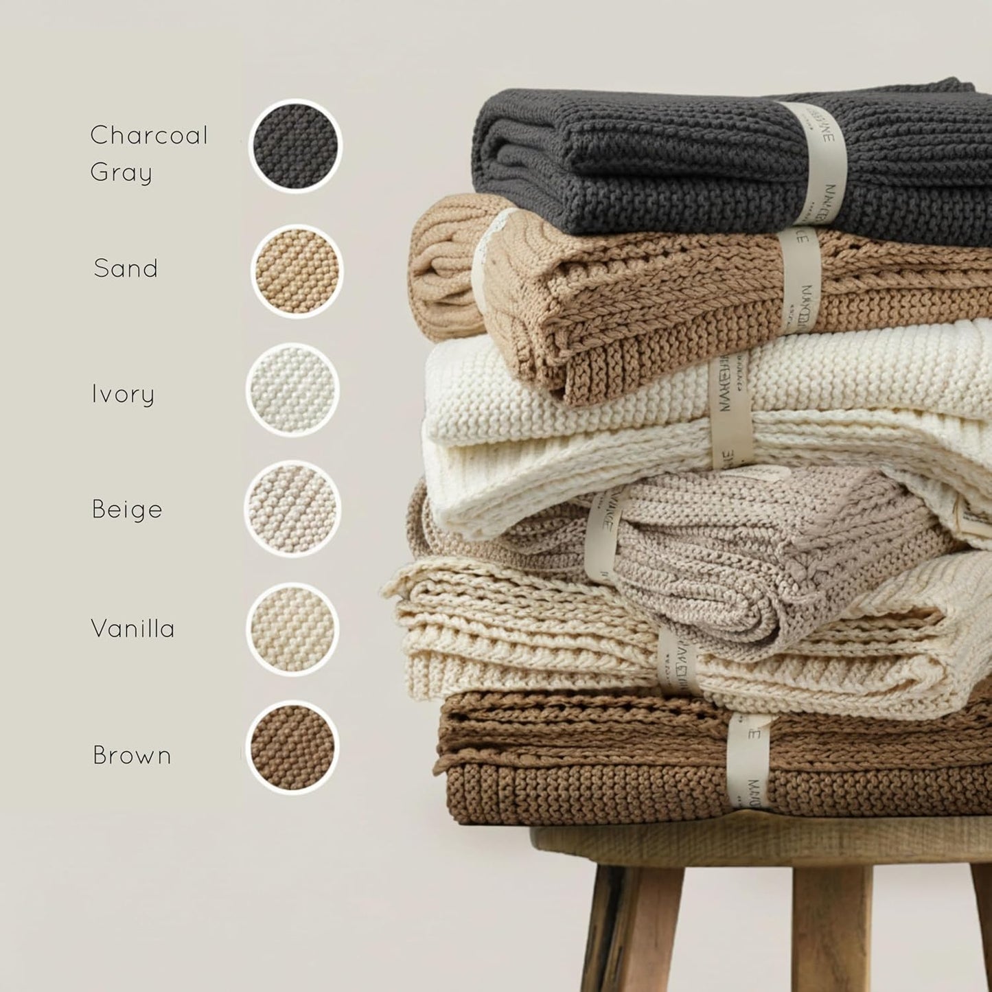 MakeMake Organics Organic Cotton Throw Blanket GOTS Certified Organic Knit Blanket Couch Bed Neutral Fall Colors Soft Cotton Throw Blanket Large (50x60, Beige)