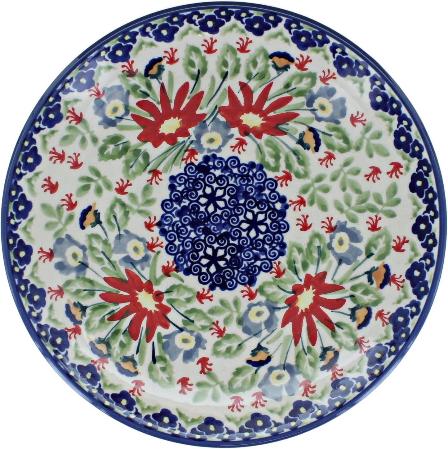 Blue Rose Polish Pottery - Red Jungle Bouquet Dessert Plate - 7" Diameter - Beautiful Plate for Cake, Appetizers, or Snacks