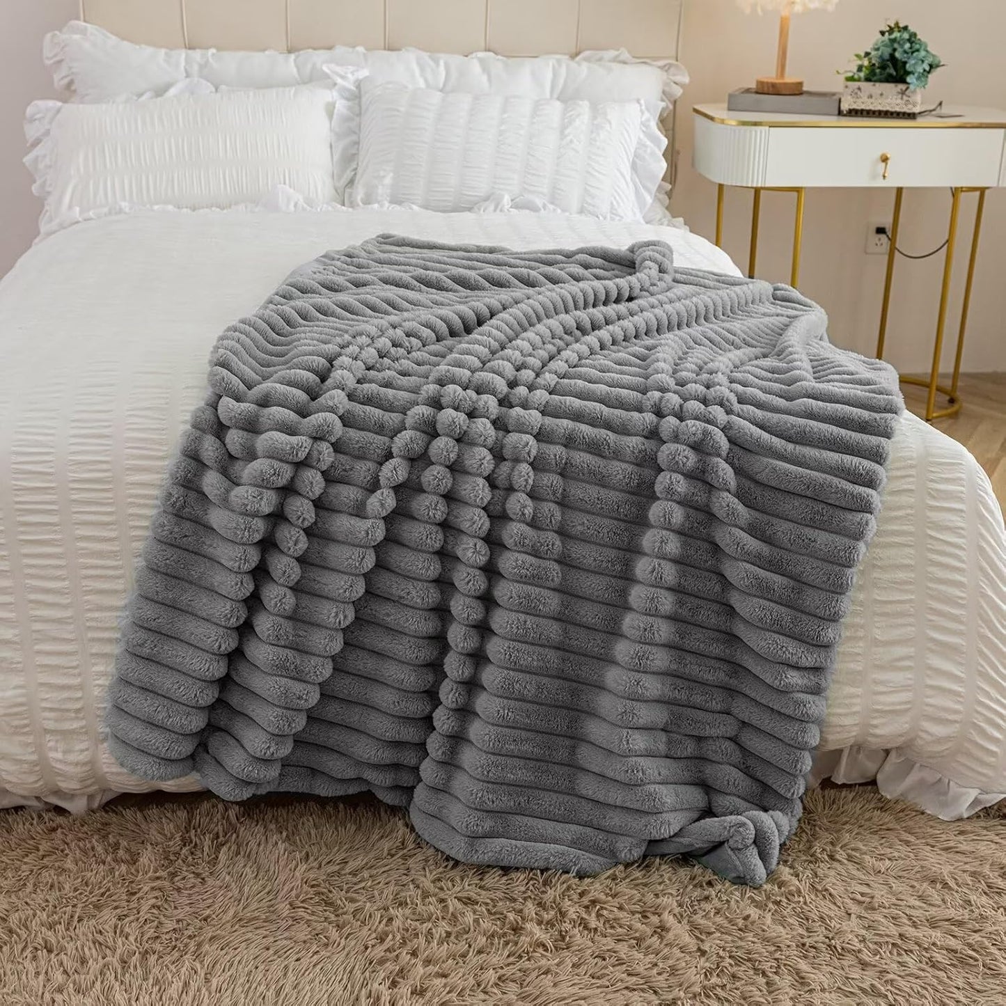 Grey Faux Fur Throw Blanket for Couch, Fuzzy Cozy Soft Warm Plush Striped Throw Blanket, Decorative Fluffy Winter Blanket for Sofa Chair Bed Living Room Home Decor, 60"x80"