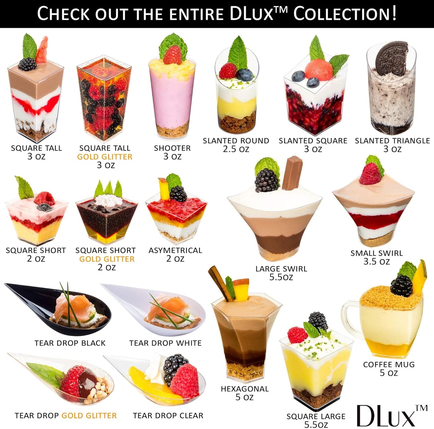 DLux 100 4-in Tear Drop Mini Appetizer Plates, Reusable Clear Plastic Spoons - Desserts and Appetizers Dishes Serving Plate - Asian Spoon Set, Small Catering Dessert Tasting Cups - with Recipe Ebook