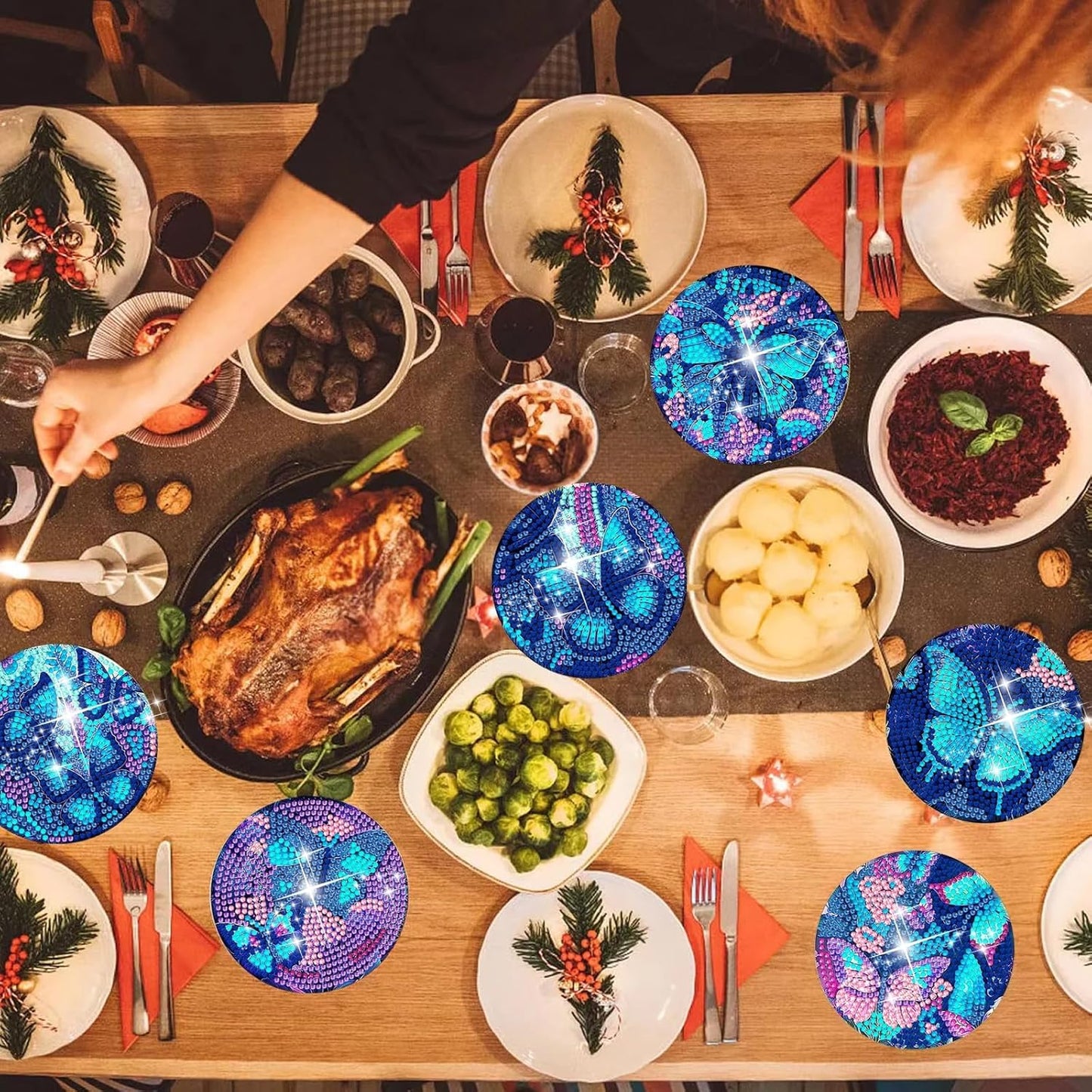 DOZEEZOP 8 PCS Diamond Painting Coasters with Holder, Diamond Art Coasters Kit, Fall Diamond Art Kits for Adults Beginners, Arts and Crafts Supplies Party Item Sets Butterfly Style