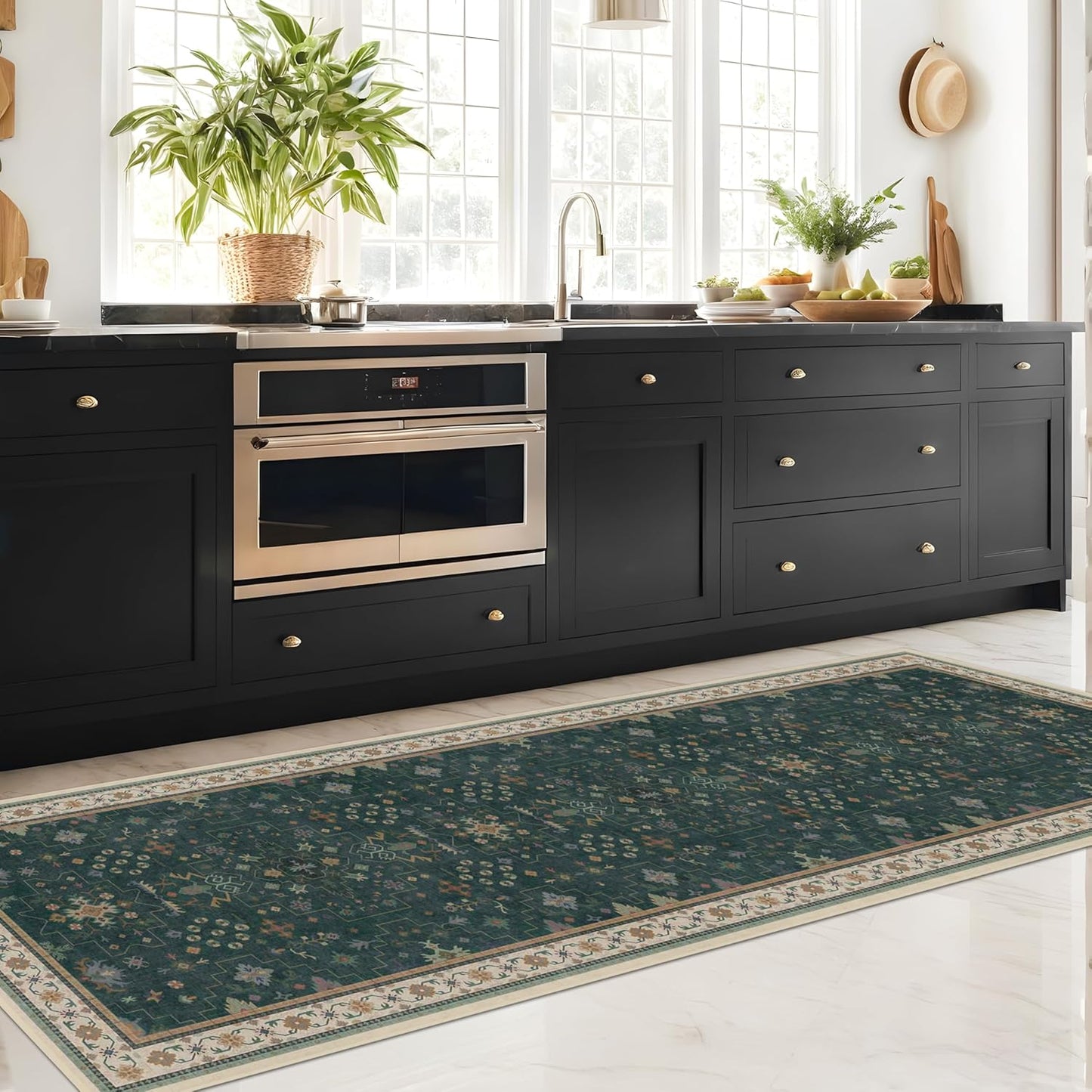 Dark Green Washable Kitchen Runner Rug, 2'6"x8' Wide & Long Non-Slip Rubber Backing Runner for Hallways, Stain Resistant Rugs for Entryway