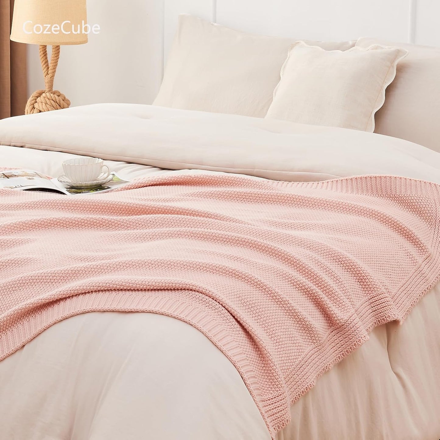 CozeCube Pink Throw Blanket for Couch, Soft Cozy Cable Knit Throw for Bed Sofa Living Room, Lightweight Warm Decorative Farmhouse Christmas Blanket, 50"x60", Pink
