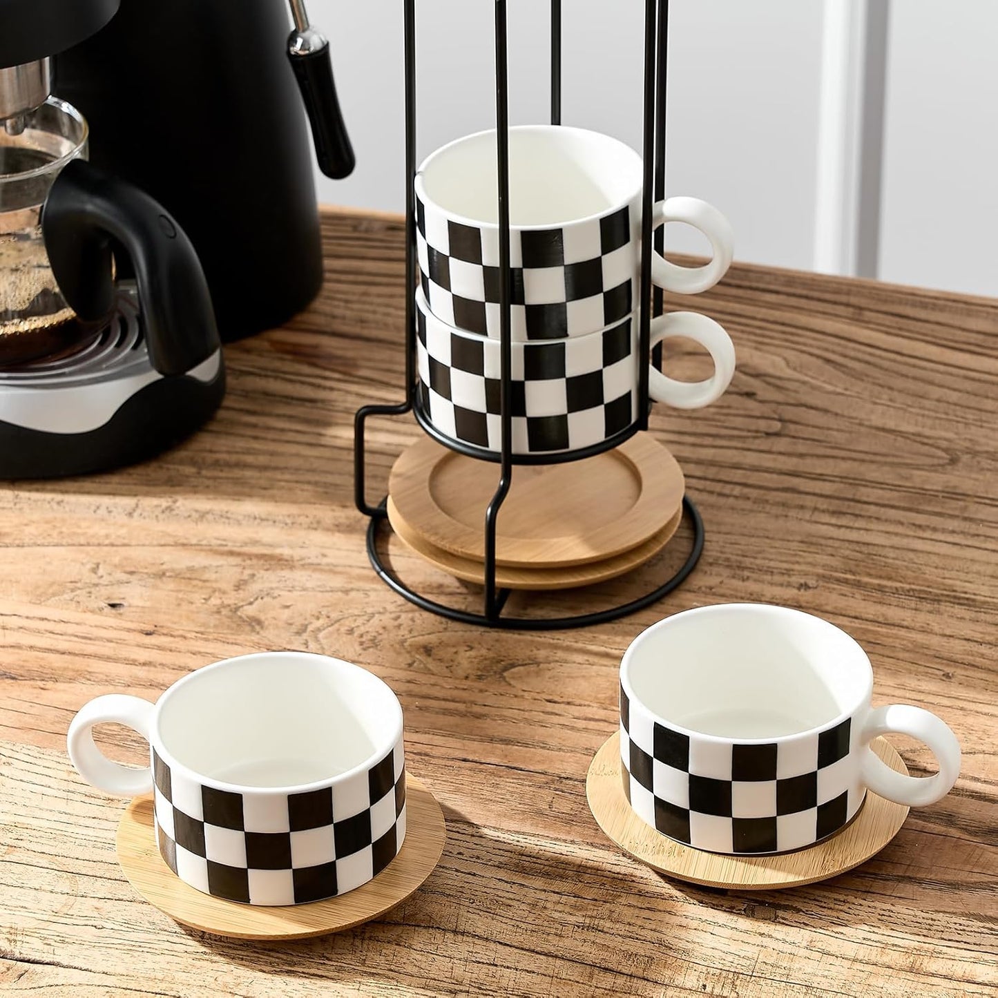 LUKA 6 Ounce Ceramic Stackable Black and White Checkered Espresso Cups with Saucers and Metal Stand Set of 4, Cappuccino Cups Set for Coffee Drinks, Latte, Cafe Mocha and Tea, White Interior