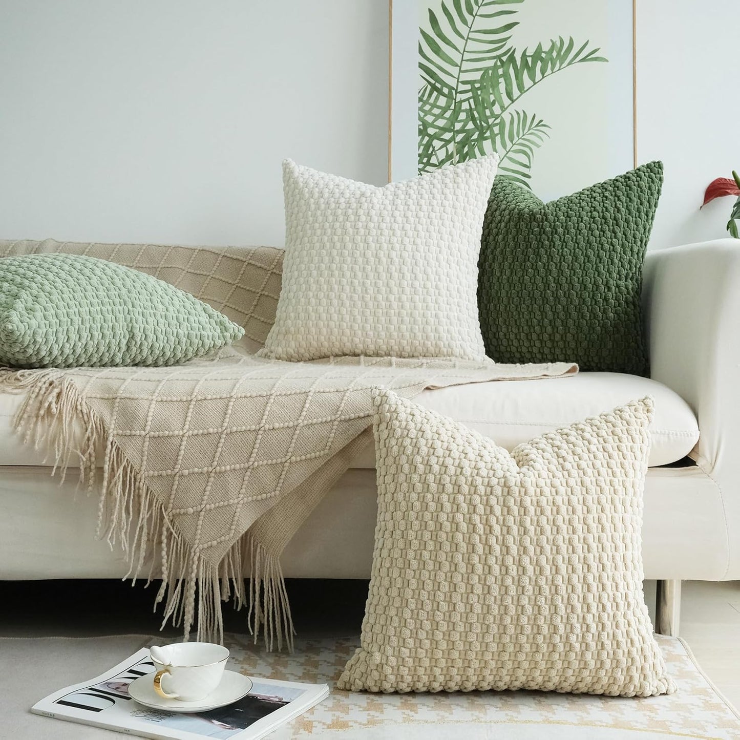 JOJUSIS Pack of 4 Spring Decorative Throw Pillow Covers Farmhouse Boho Home Decor Striped Corduroy Square Pillowcases 18 x 18 Inch Green