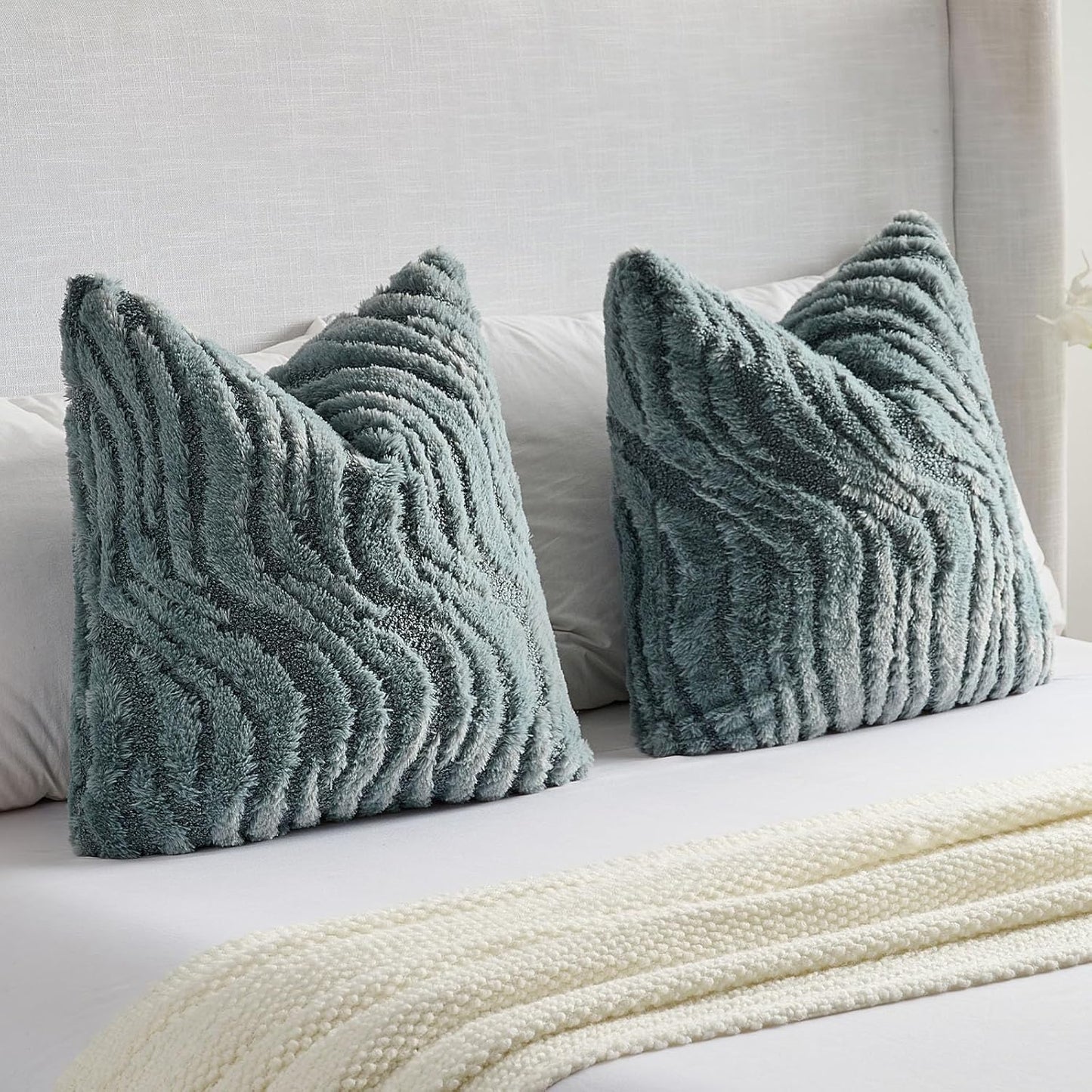 FUTEI Blue Decorative Throw Pillow Covers 22x22 Inch Set of 2,Soft Faux Fur Geometric Shapes Texture Cushion Case,Boho Home Decor for Couch Bed Living Room