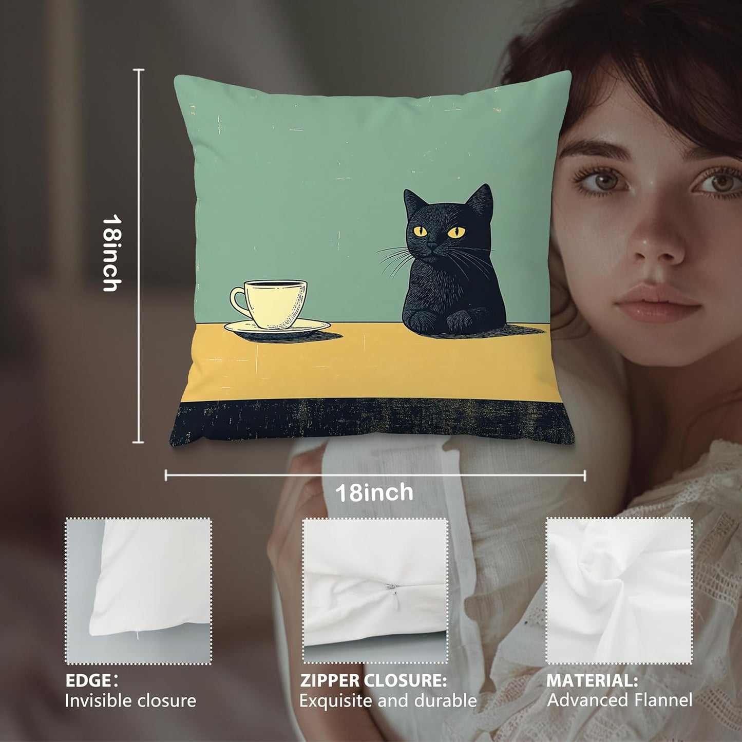 Black Cat Throw Pillow Covers 18x18, Vintage Black Cat Art Painting Decor Pillow Covers, Cats Lovers Mom Grandma Gifts, Aesthetic Cats Drinking Coffee Decor for Room Bedroom