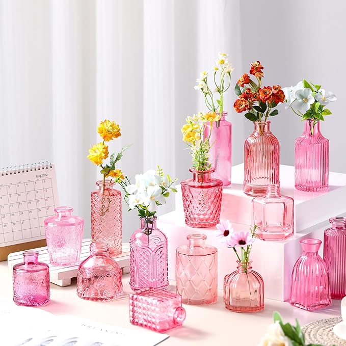 Yaomiao 30 Pcs Vases Bulk Colored Flower Glass Vases Bud Vintage Colored Glass Bottles Colorful Rustic Embossed for Home Wedding Table Decorations Gifts(Pink Series)