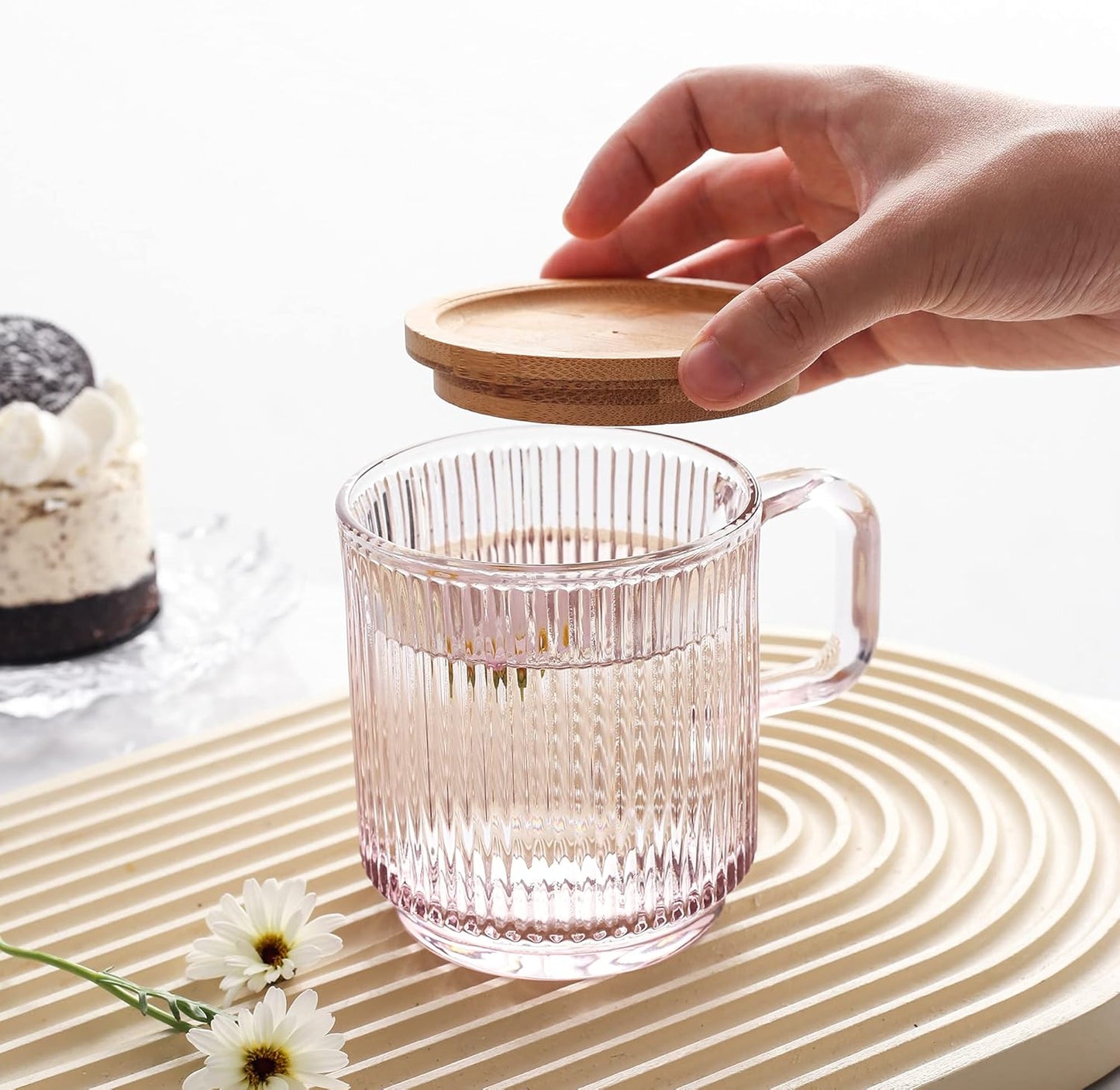 Lysenn Pink Glass Coffee Mug with Lid - Premium Classical Vertical Stripes Glass Tea Cup - for |Latte|Tea|Chocolate|Juice|Water| - Unleaded - Bamboo Lid - 12.5 Ounces