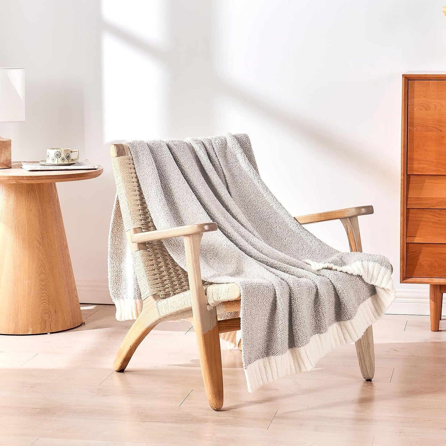 CozeCube Super Soft Fullfy Microfiber Reversible Knitted Blankets, Warm Cozy Fuzzy Plush Throw, Grey and White Melange Throw Blanket for Couch Bed Sofa, 50" x 60"