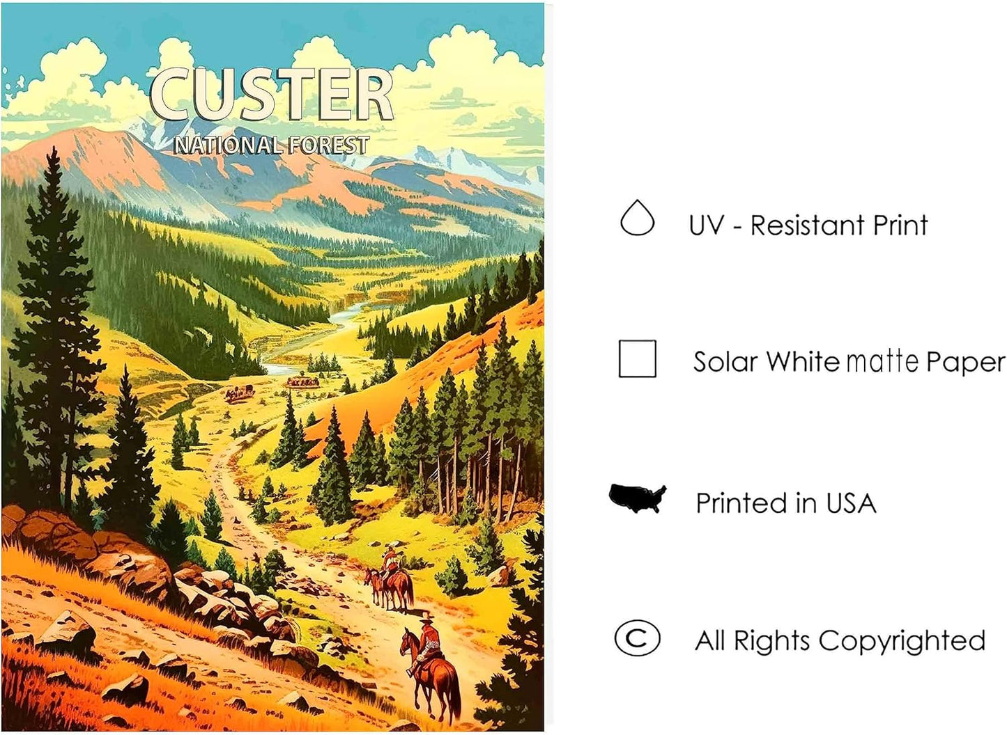 Custer National Forest Poster Art Print Retro Mountain Wall Art Poster Vintage Decor Nature Recreation Wilderness Wildlife Decoration, Outdoor Adventure Scenic Beauty Artwork. (Custer National Forest,
