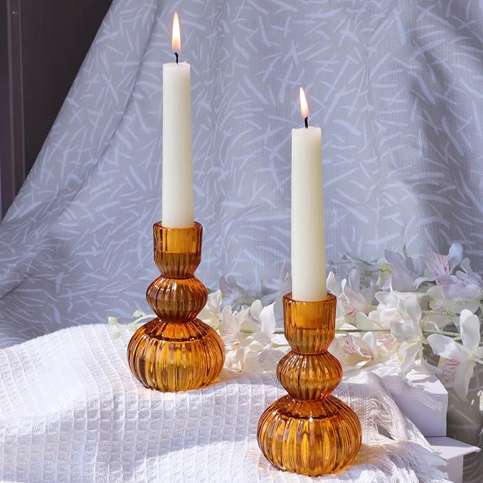 Woho Amber Taper Candle Holders 4.3" H for Halloween/Thanksgiving Decorations, Set of 3 Ribbed Glass Candlestick Holders Vintage for Fall Wedding, Boho Candle Sticks Holder Decor for Dining Table