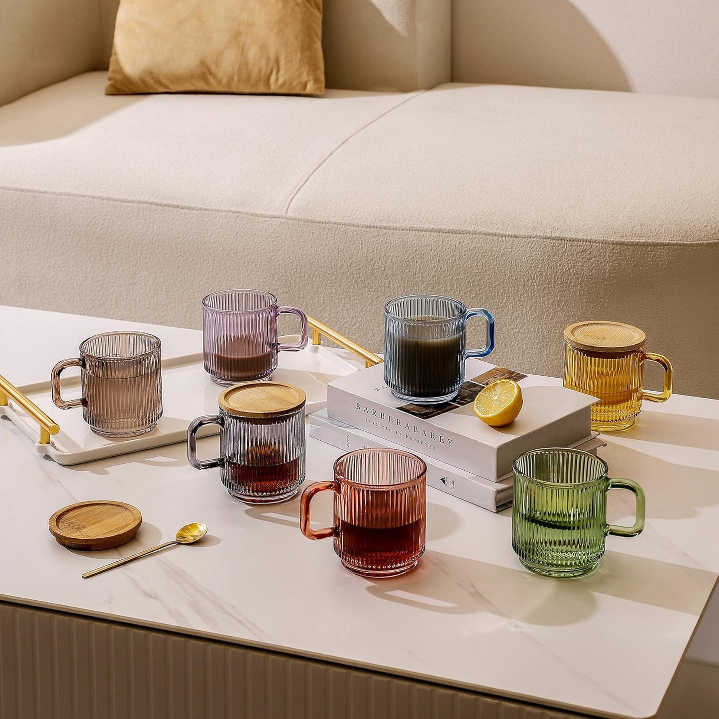 Lysenn Glass Coffee Mug with Lid - Premium Classical Vertical Stripes Glass Tea Cup - for Latte, Tea, Chocolate, Juice, Water - Lead-Free - Bamboo Lid - Amethyst Purple