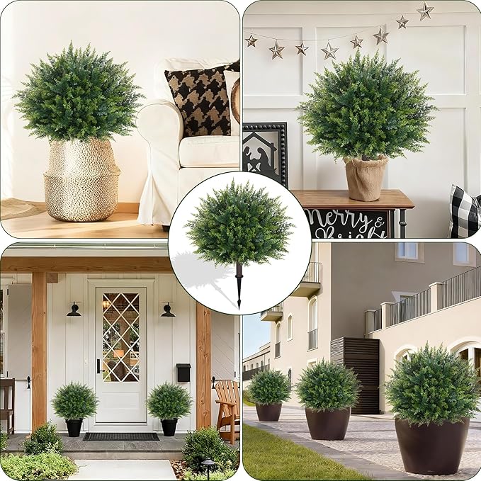 Waipfaru Artificial Plants Outdoor, 2Pcs 23'' Artificial Cedar Topiary with Ground Spike, UV-Resistant Fake Plants Fake Bushes for Christmas Outdoor Indoor Garden Front Porch Decor