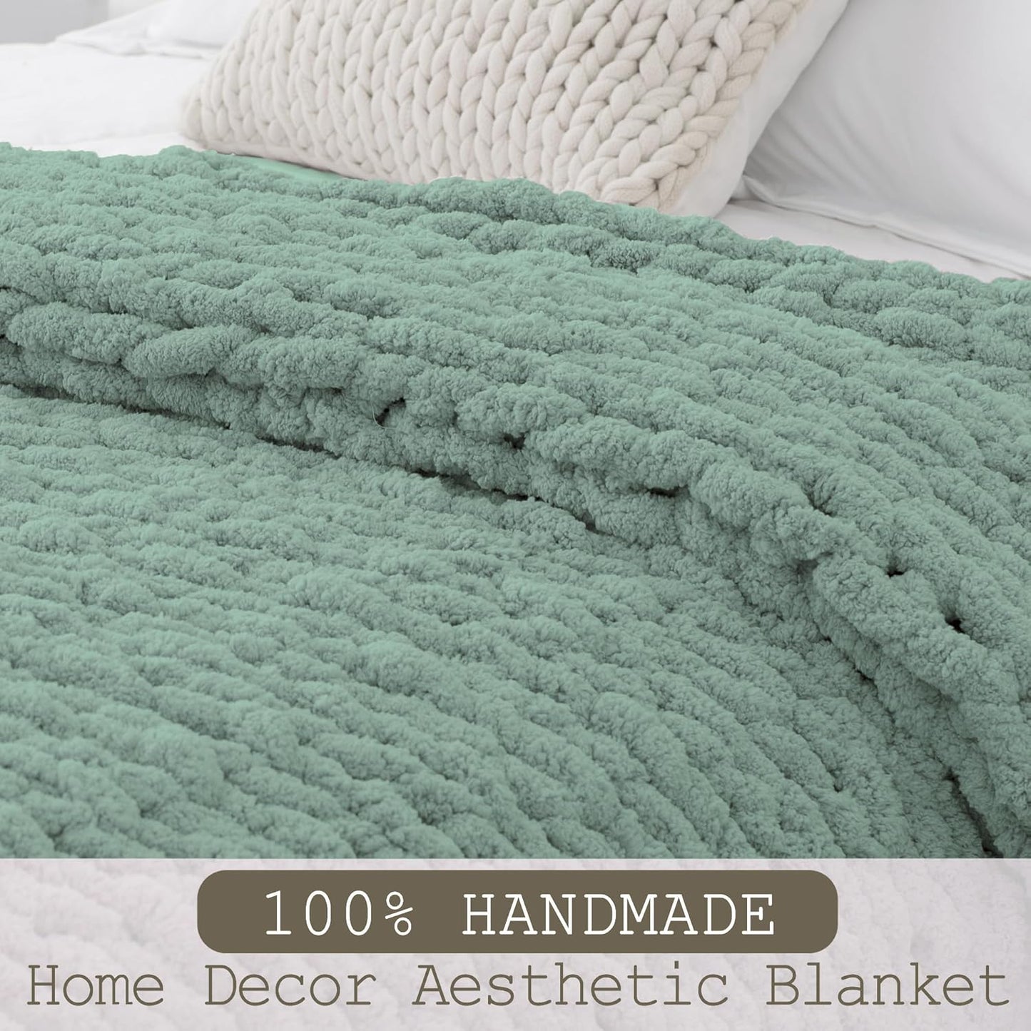 Chunky Knit Throw Blanket 60"X 80", 100% Handmade with Soft Chenille Yarn, 6.7lbs Thick Cable Knitted Blankets, Large Rope Knot Crochet Throws for Couch Sofa Bed Home Decor, Sage Green
