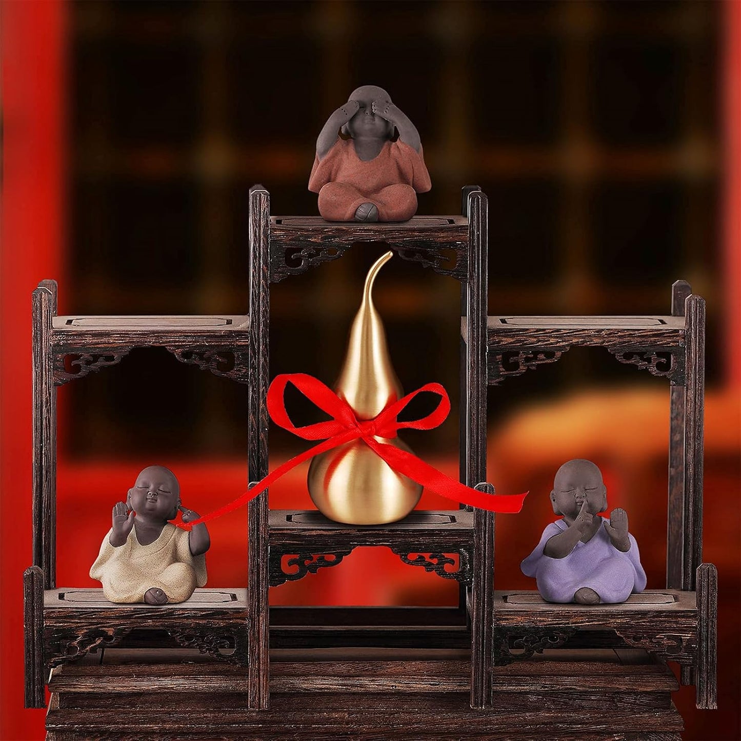 Feng Shui Decor - Brass Wu Lou Gourd with Red Luck Strip for Ideal Home Decoration,Table,Bookshelf,5inch Tall,Full Brass,Fortune Protection,Hu Lu Bring Good Luck,Healthy,Success