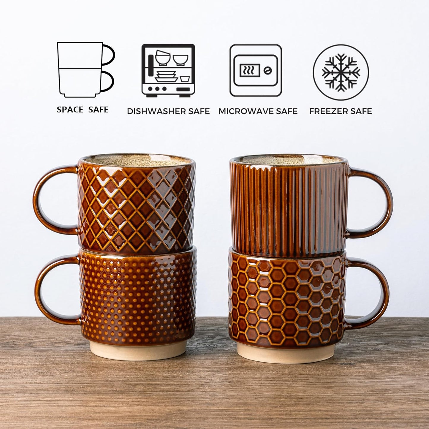 GBHOME 15OZ Stackable Coffee Mugs, Ceramic Coffee Cups with Texture Patterns for Man,Woman,Dad,Mom, Modern Mugs Set of 4 for Latte/Cappuccino/Cocoa. Dishwasher&Microwave Safe, Caramel