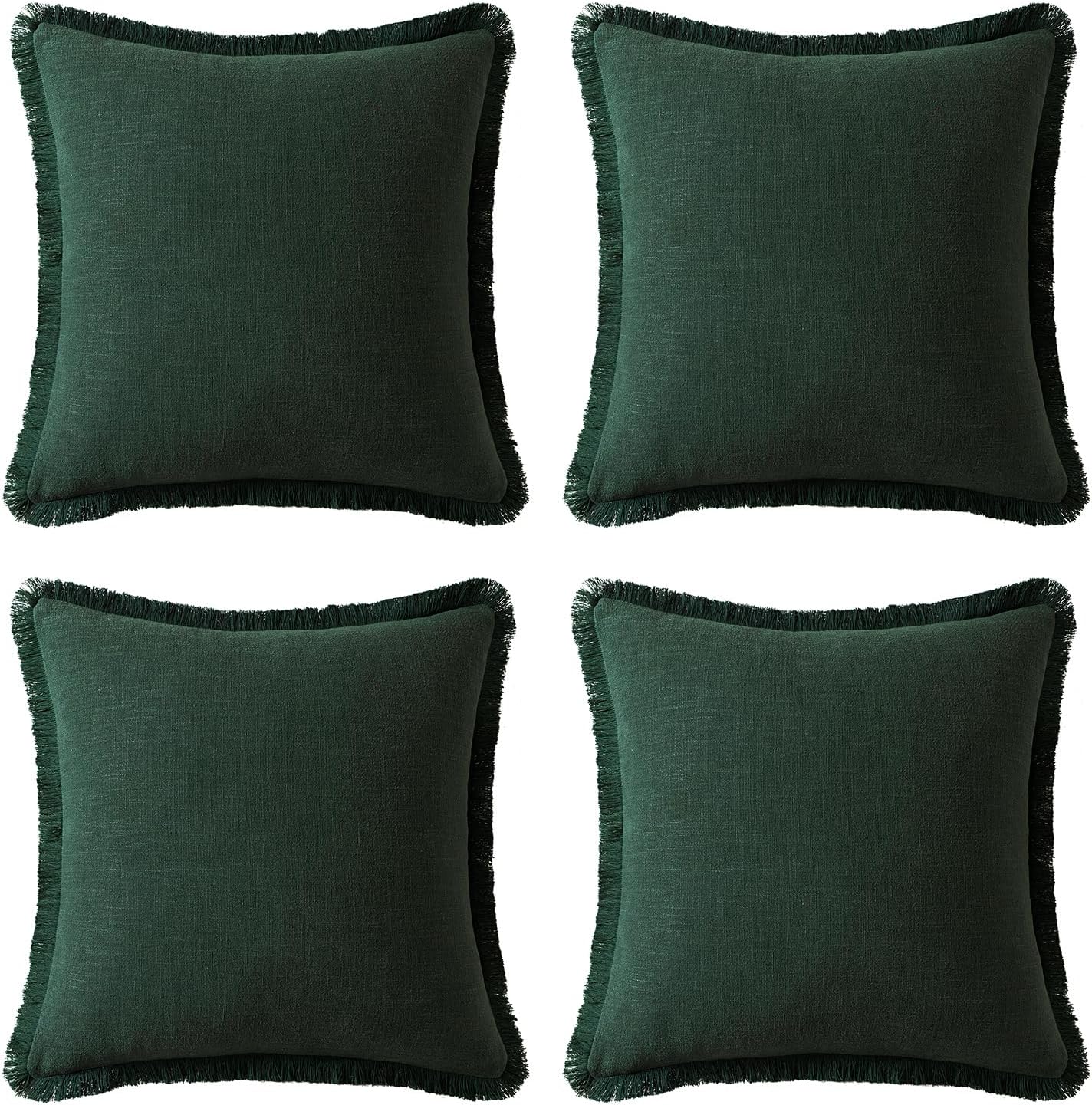 MIULEE Linen Pillow Covers 18x18 Inch Dark Green Decorative Throw Pillows with Fringe Pack of 4 Soft Farmhouse Boho Couch Pillows Home Decors for Sofa Cushion Living Room Bed