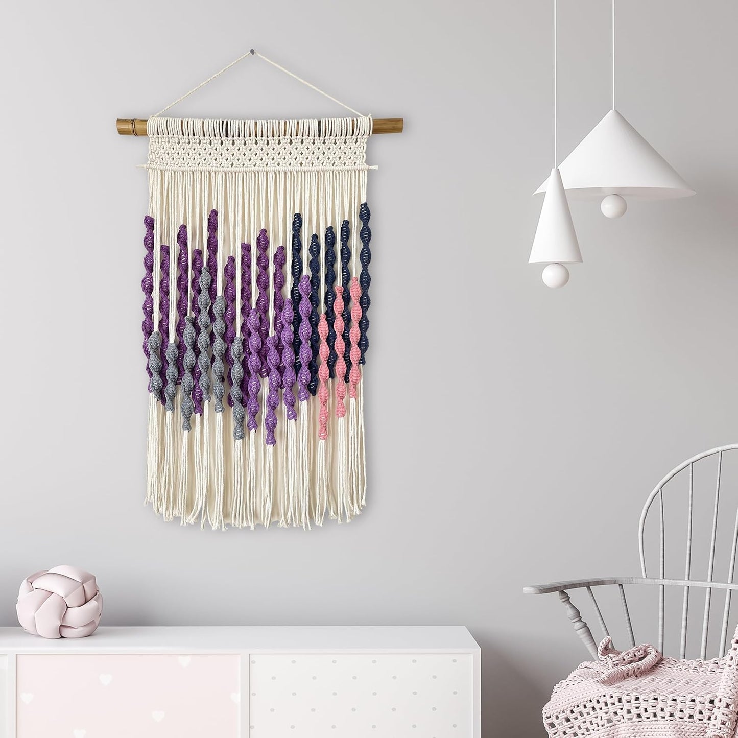 Knots & Beyond Purple Macrame Wall Hanging with Driftwood Dowel, Bohemian Tapestry Wall Art with Rod, Boho Wall Decor Above Bed, 22" x 32"