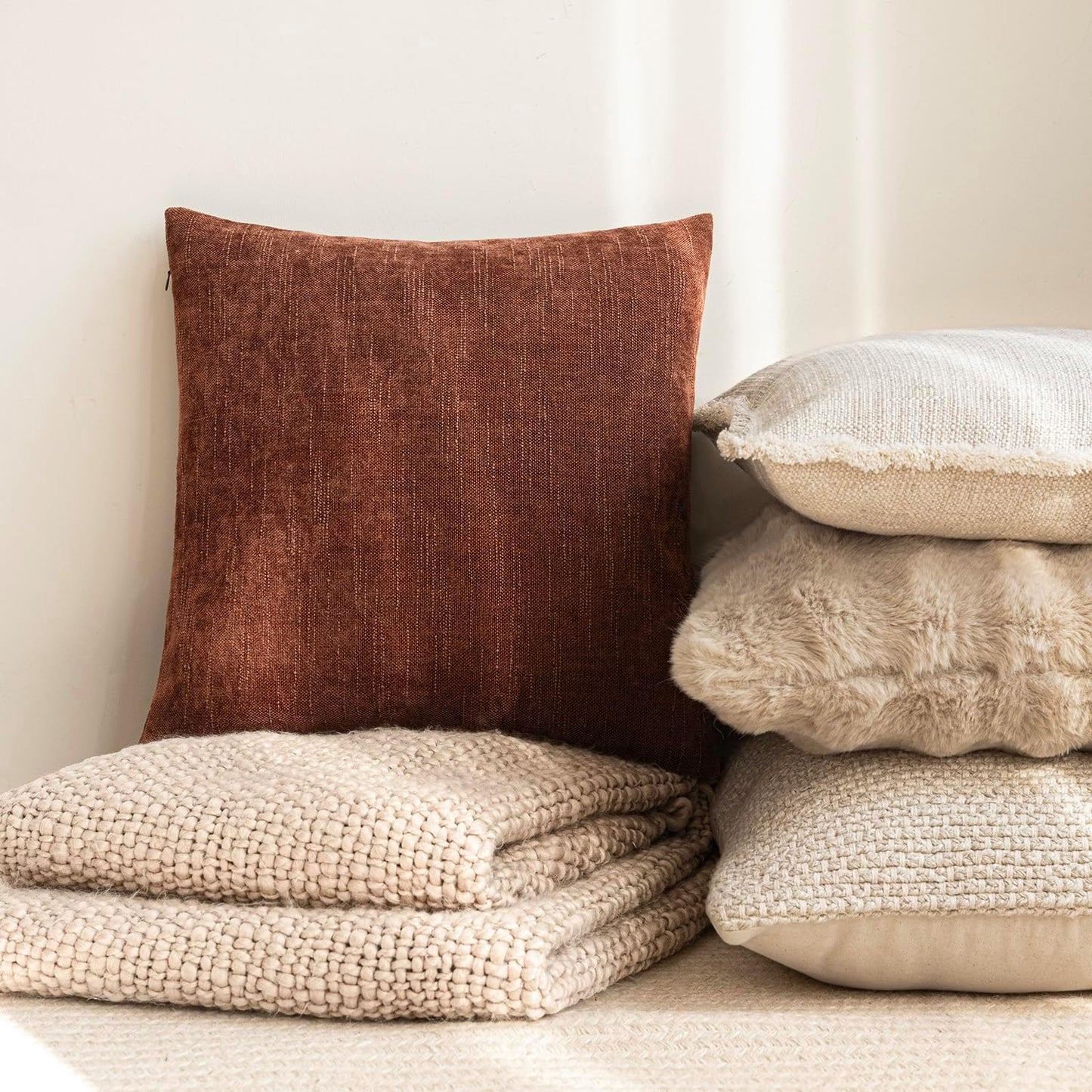 Foindtower Pack of 2 Soft Textured Chenille Throw Decorative Pillow Covers Square Accent Solid Cushion Cover Cozy Neutral Farmhouse Pillow Case for Couch Sofa Bedroom Living Room 24x24 Inch,Red Taupe