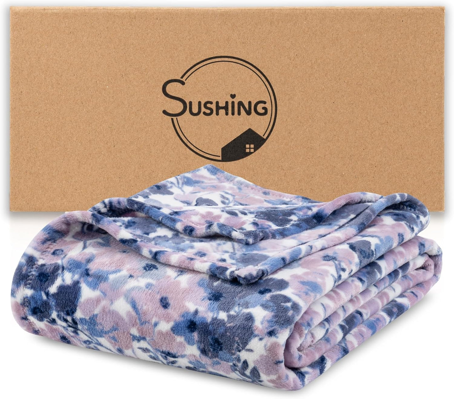 Luxury Printed Fleece Warm Blanket, Soft Lightweight Velvety Plush Throw for Couch and Bed, Cozy Comfy for All Seasons(White Purple Flowers, 90×90 Inches)