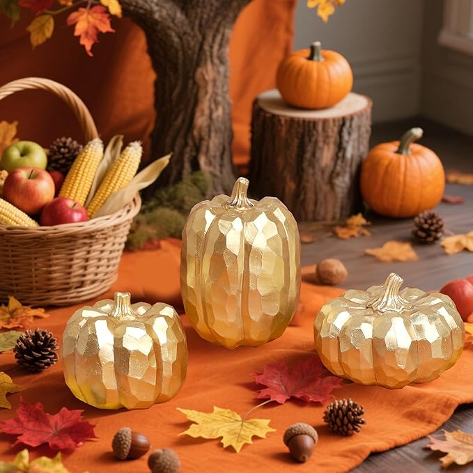 winemana 3 Pack Fall Decor for Home-Gold Pumpkins Thanksgiving Decorations, Table, Fireplace Mantel, Office, Elegant Decorative Pumpkin Autumn Indoor Decor
