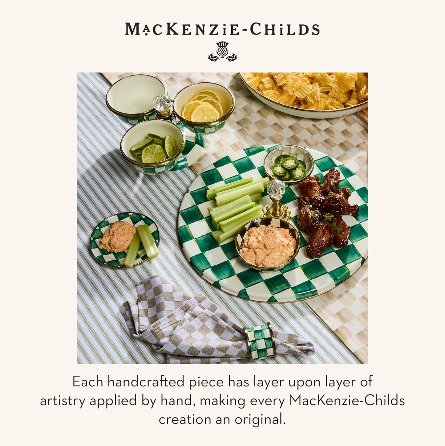 MACKENZIE-CHILDS Enamel Dipping Bowl, Small Serving Bowl for Entertaining, Green-and-White Emerald Check