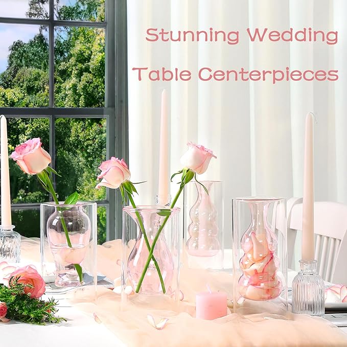 ZENS Unique Small Pink Flower Vase Set of 3, Modern Floating Decorative Vases, Double Hollow Cool Glass Vases, Hand Blown Bud Vases for Home Small Bouquet, Wedding Centerpieces