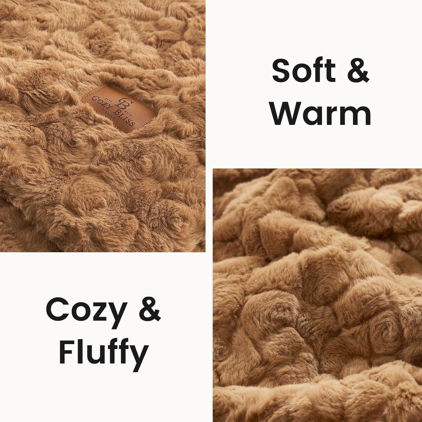 Cozy Bliss Faux Fur Throw Blanket for Couch, Fuzzy Soft Plush Thick Warm Fluffy Reversible Wave Textured Blanket for Sofa Bedroom Living Room, 55 * 70 Inches Brown