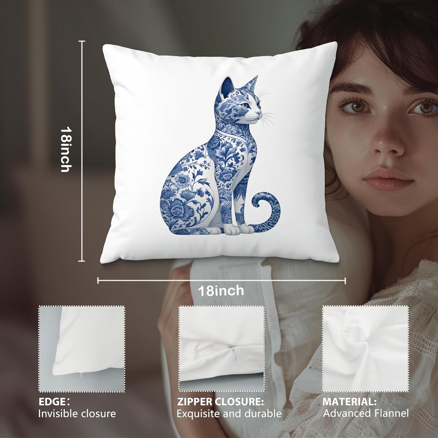 Blue and White Chinoiserie Floral Pillow Covers 18x18, Gifts for Cat Lovers Mom Lady Owners, Elegant Kitten Kitty Decorative Pillow Covers for Home Bedroom Living Room Decor, Pet Lover Gifts