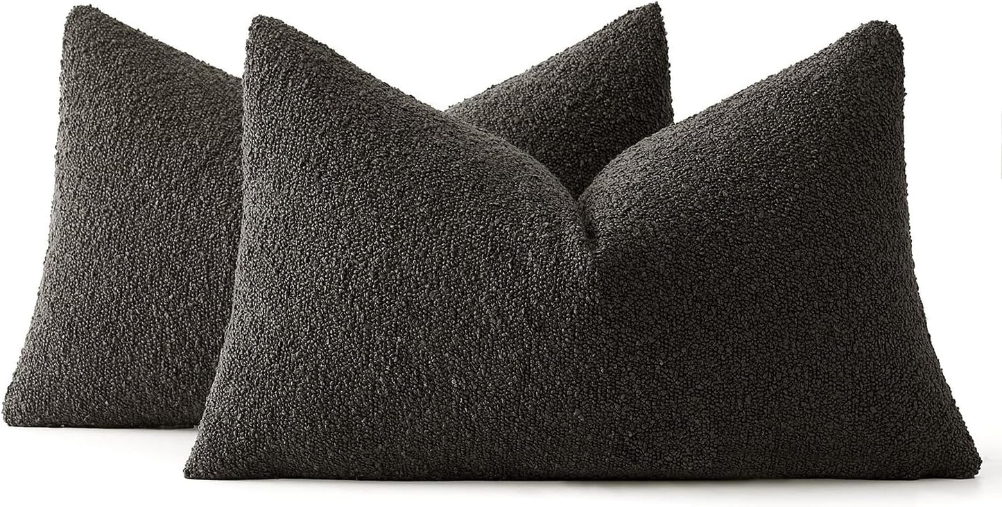 MIULEE 12x20 Inch Decorative Lumbar Throw Pillows for Bed Set of 2 Textured Boucle Neutral Winter Throw Pillow Covers Dark Coffee Accent Solid Pillowcases Sofa Livingroom Home Decor