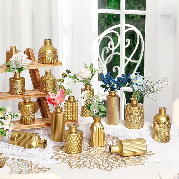 Yaomiao 30 Pcs Vases Bulk Colored Flower Glass Vases Bud Vintage Colored Glass Bottles Colorful Rustic Embossed for Home Wedding Table Decorations Gifts(Gold Series)