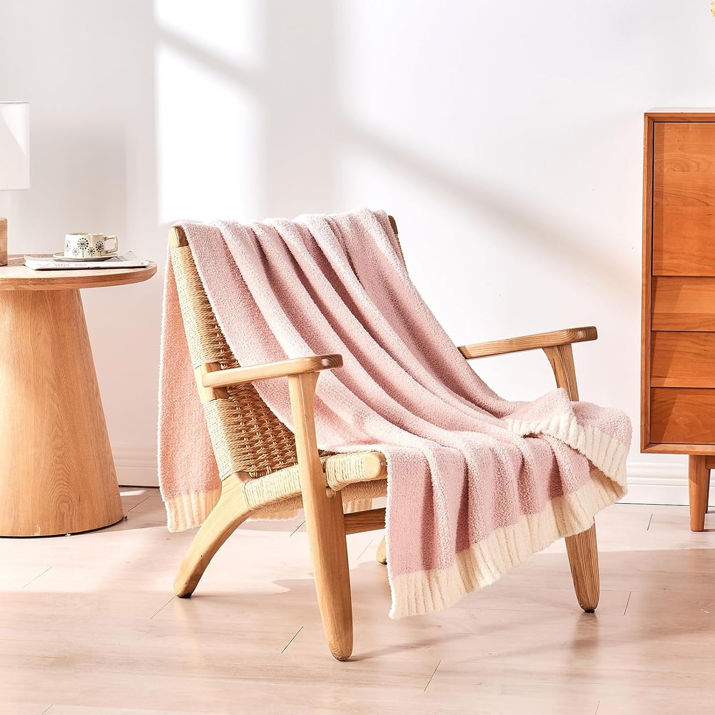 CozeCube Super Soft Fullfy Microfiber Reversible Knitted Blankets, Warm Cozy Fuzzy Plush Throw, Pink and White Melange Throw Blanket for Couch Bed Sofa, 50" x 60"