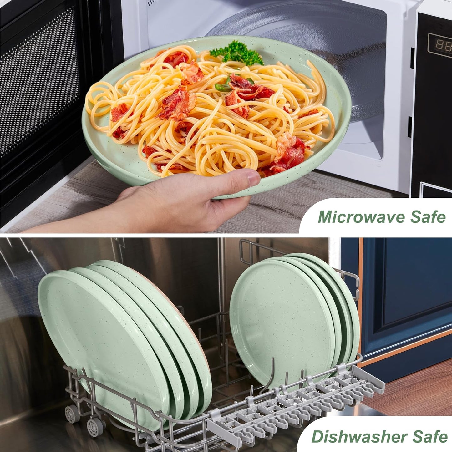 LIANYU Dinner Plates Set of 4, 10.5’’ Large and Round Stoneware Plates, Ceramic Dishes Set for Kitchen Serving Salad, Dessert, Steak, Oven, Microwave & Dishwasher Safe, Scratch Resistant, Fog Green