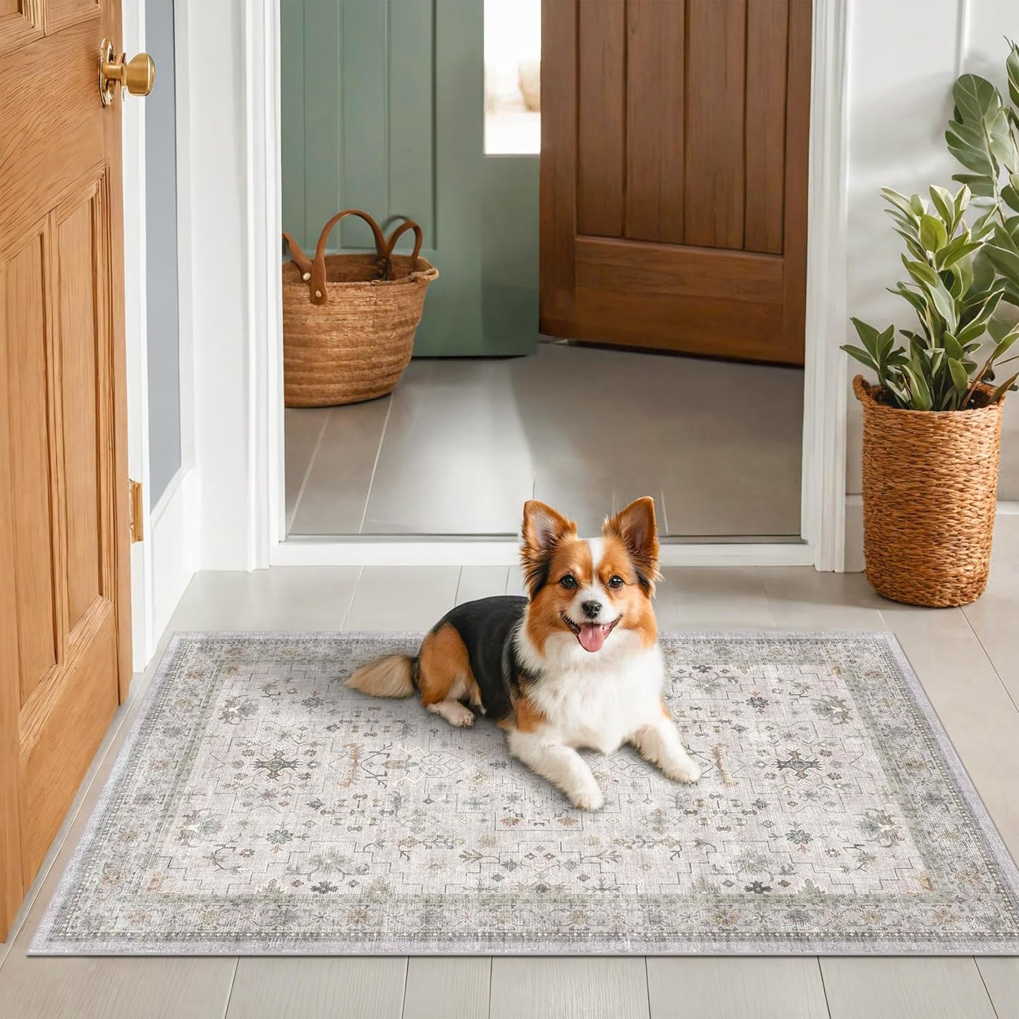 Light Grey 3x5 Large Boho Bathroom Rug - Modern Vintage Eclectic Floral Pastel Neutral Taupe, Washable Low Pile Non-Slip Area Rugs for Entryway, Kitchen, Bedroom Beside Bed, Laundry