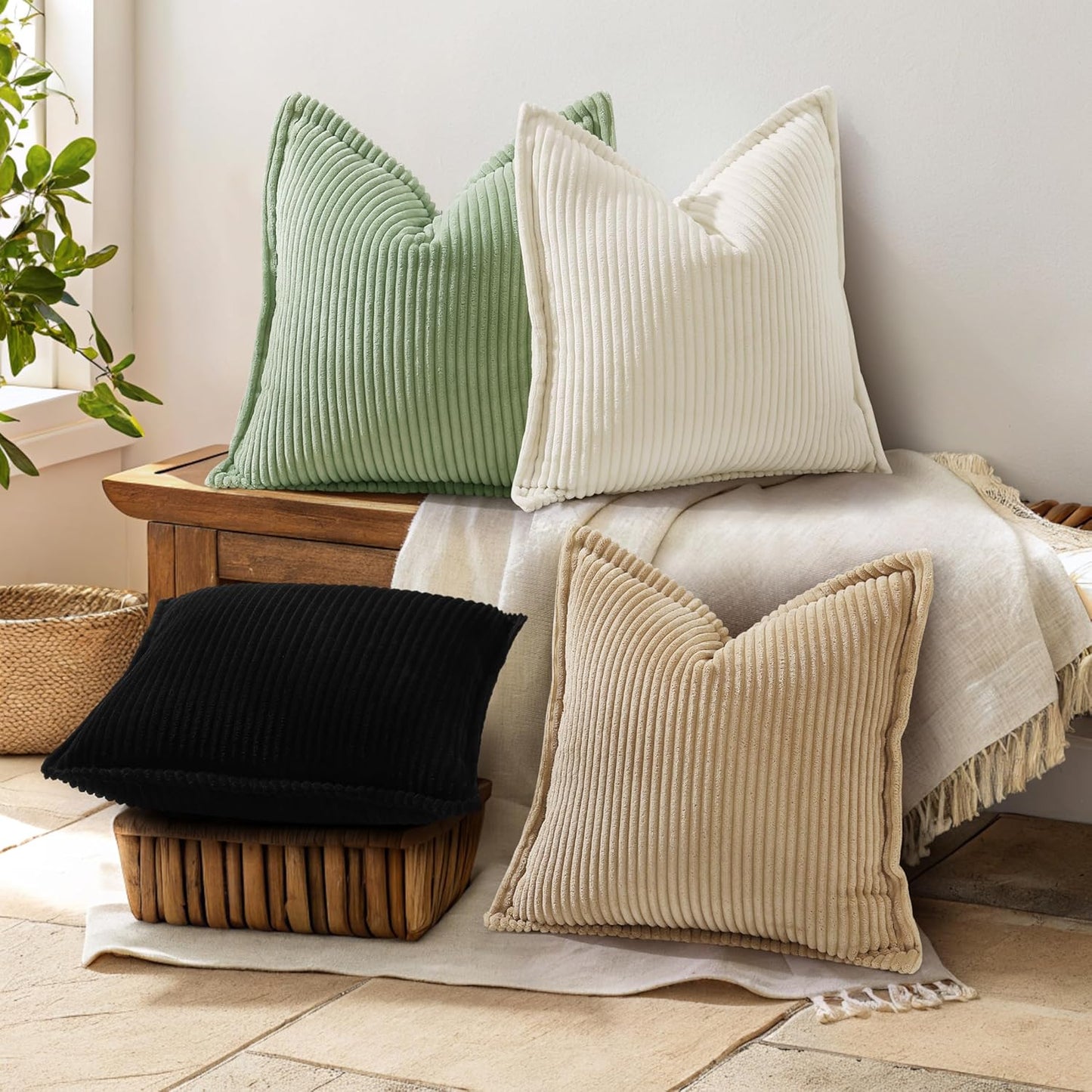 decorUhome Corduroy Black Throw Pillow Covers 24x24 Set of 2 Decorative Soft Boho Farmhouse Euro Couch Pillow Covers for Living Room Bed Sofa Broadside Striped Pillow Cases