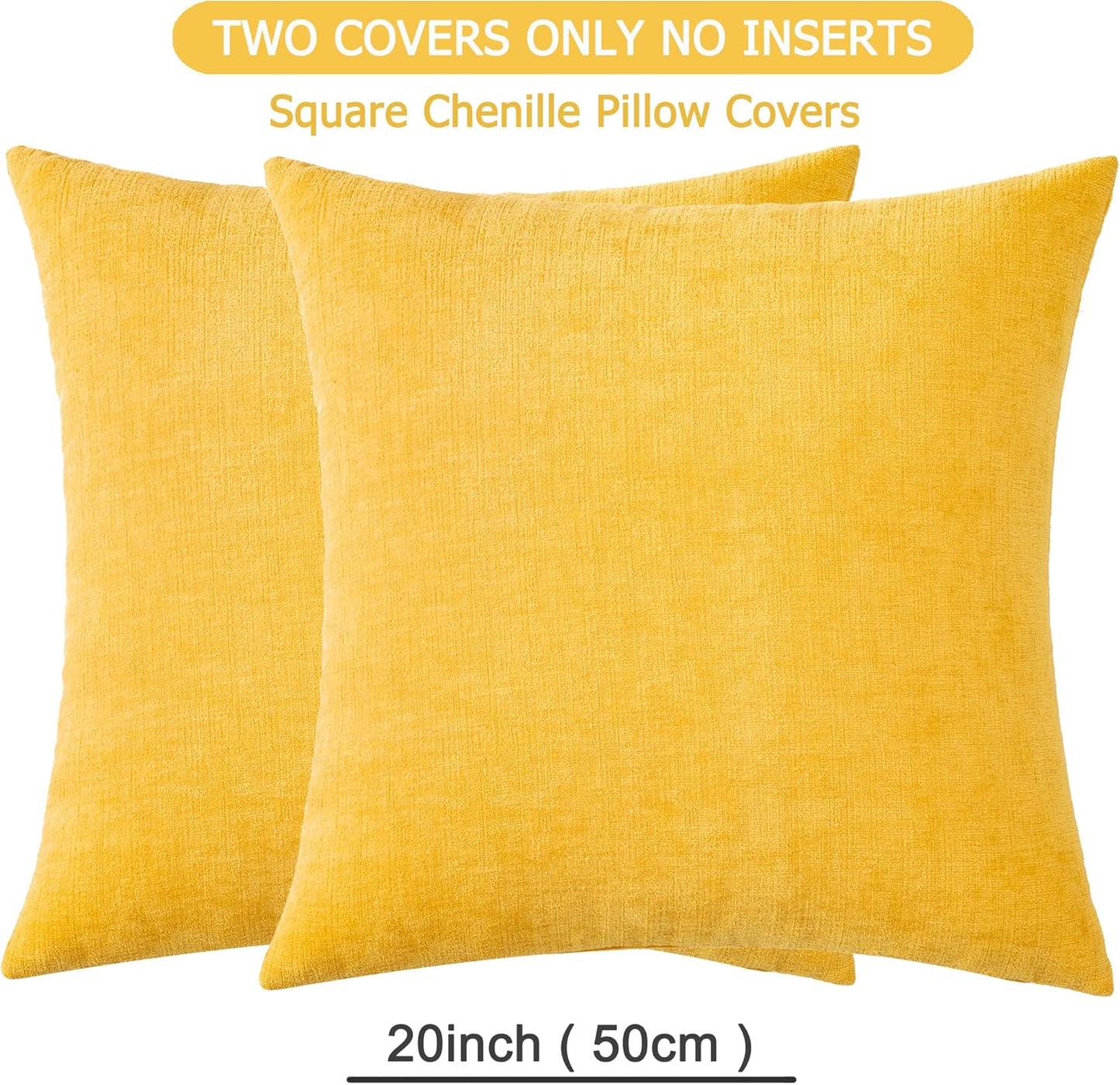 Decorative Square Throw Pillow Covers 20x20 Inch set of 2, Super Soft Chenille Farmhouse Pillowcase for Living Room Bedroom Sofa Couch Cushion Cover Gold Yellow 50x50cm/20x20 Inch