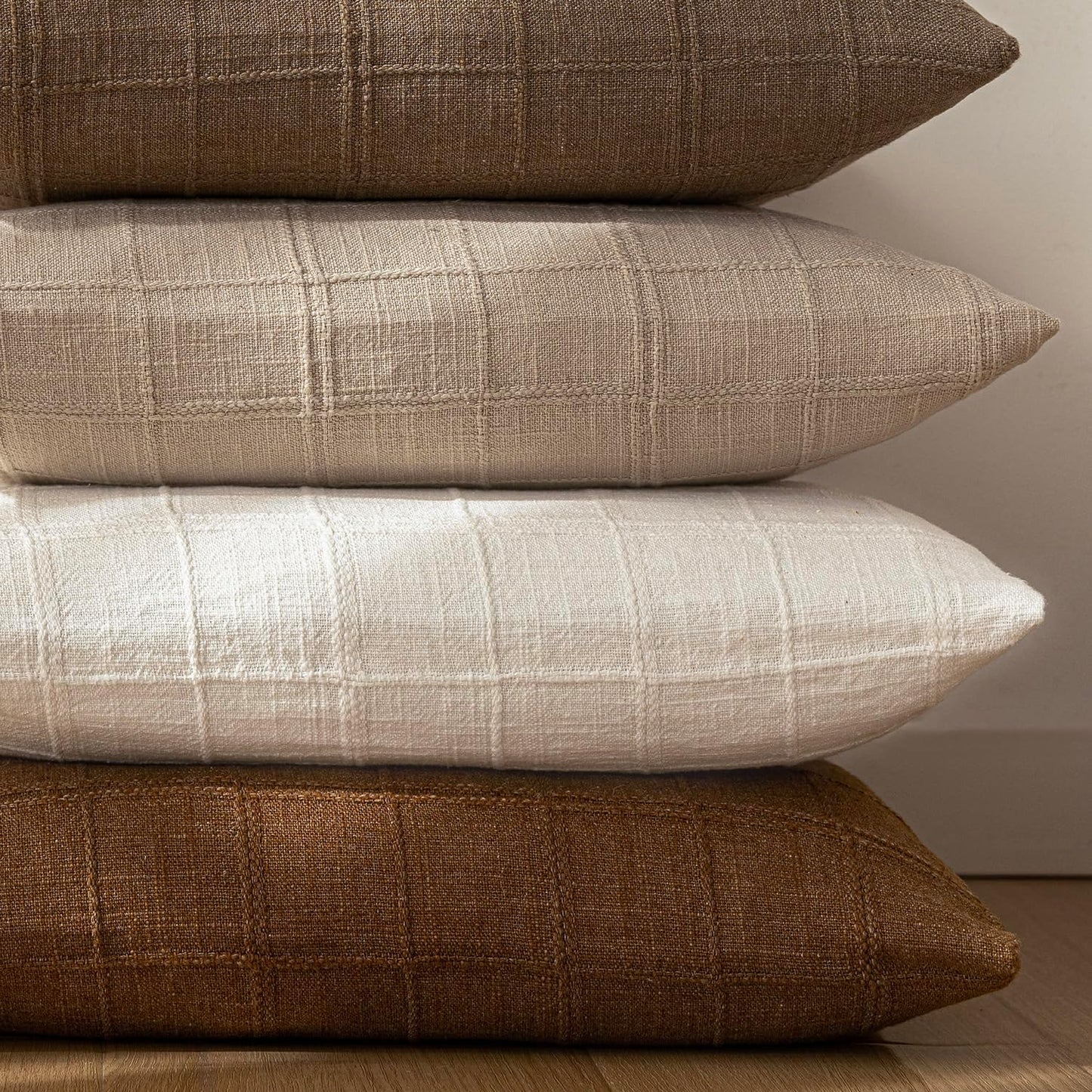 Foindtower Set of 2 Decorative Linen Check Throw Pillow Covers Neutral Farmhouse Lumbar Cushion Covers Modern Boho Home Decor for Sofa Chair Couch Bedroom Living Room,12×20 Inch,Cream White