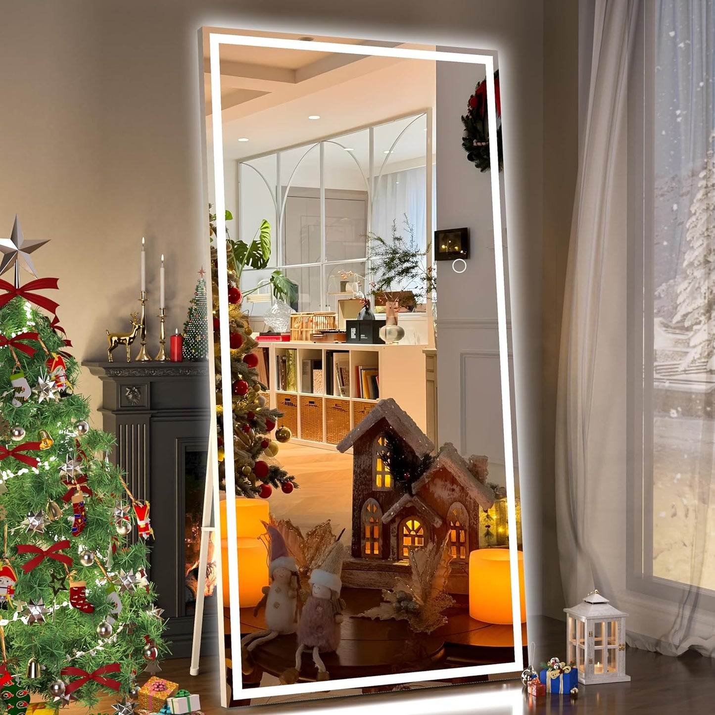 Hasipu Full Length Mirror with Lights, 81" x 34" LED Lighted Floor Standing Mirror, Full Body Dressing Hanging Mounted Mirrors, Dimmable, Tempered Glass, Safe to Use, Square White