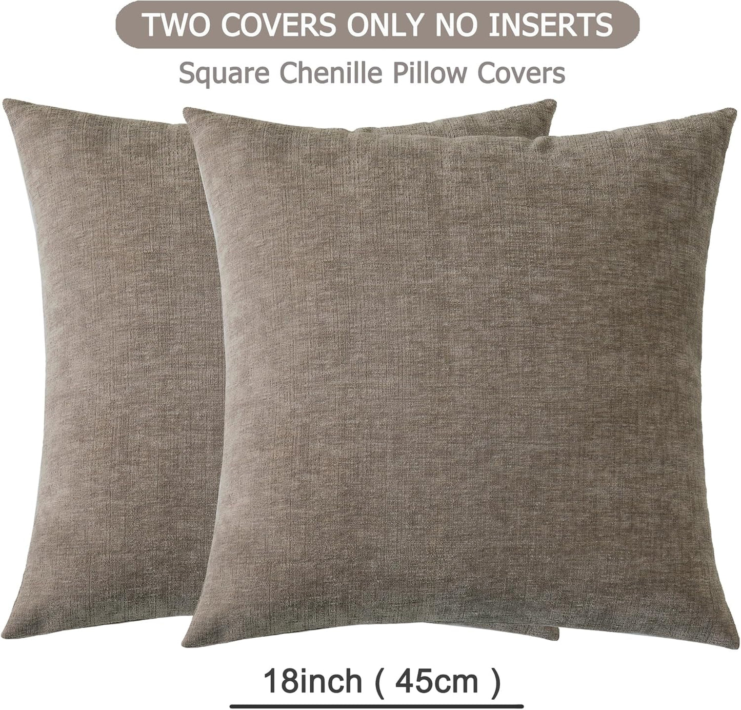GAWAMAY Decorative Square Throw Pillow Covers 18"x18" Inch Set of 2, Super Soft Chenille Pillows Farmhouse Fall Pillowcase for Living Room Bedroom Sofa Couch Cushion Cover Taupe Grey 45x45cm